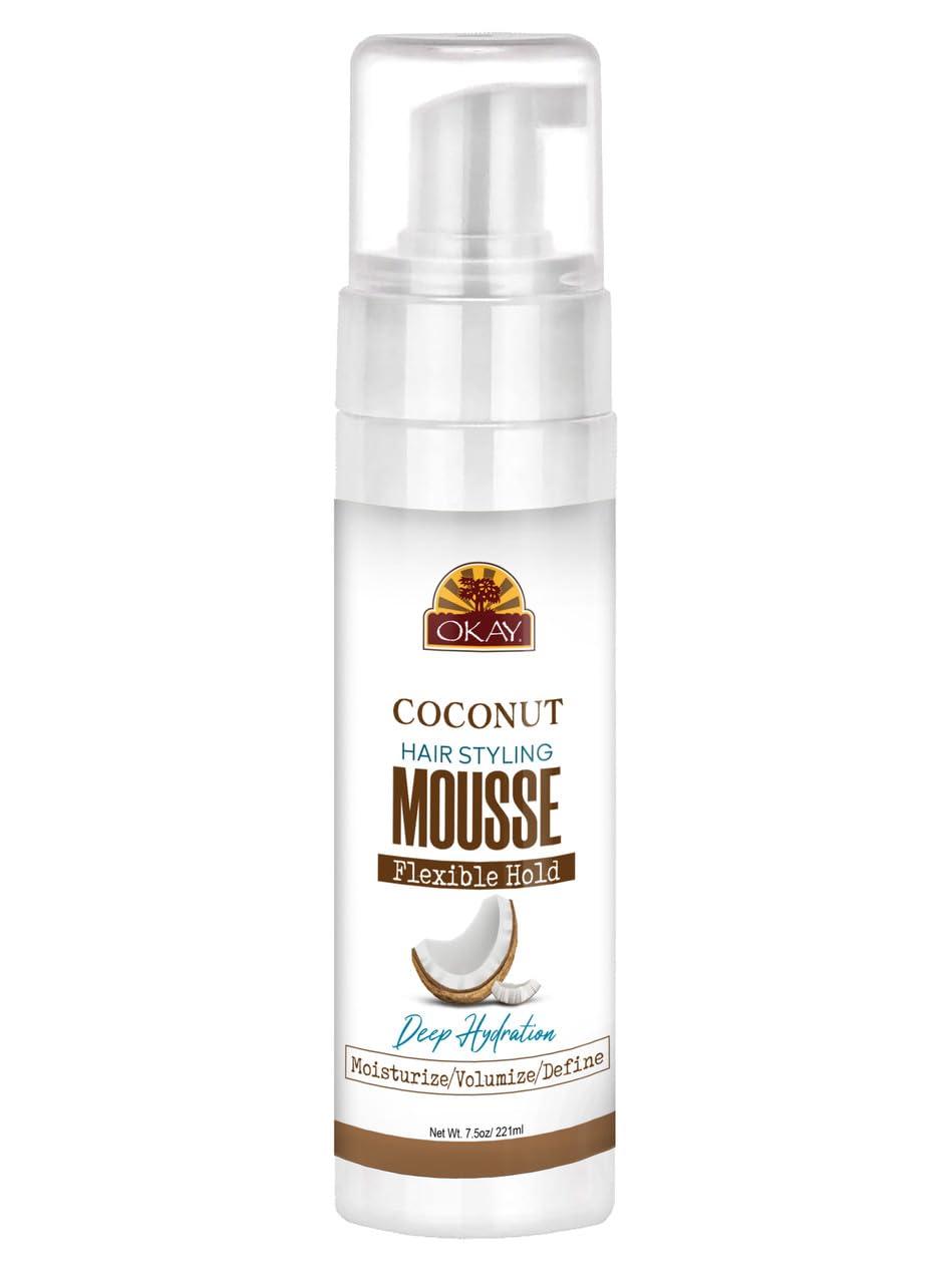 Okay Mousse Extra Hold Coconut – Lightweight, Alcohol-Free Styling for All Hair Types (7.5 oz / 221 ml)