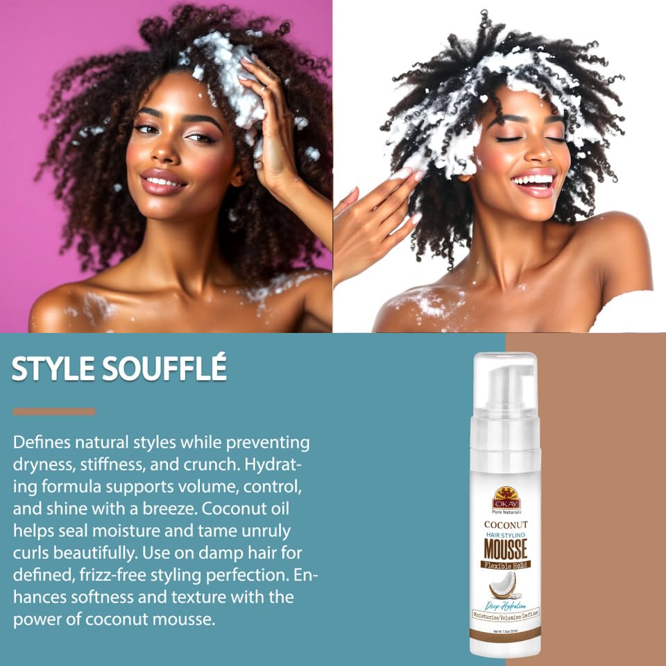 Okay Mousse Extra Hold Coconut – Lightweight, Alcohol-Free Styling for All Hair Types (7.5 oz / 221 ml)