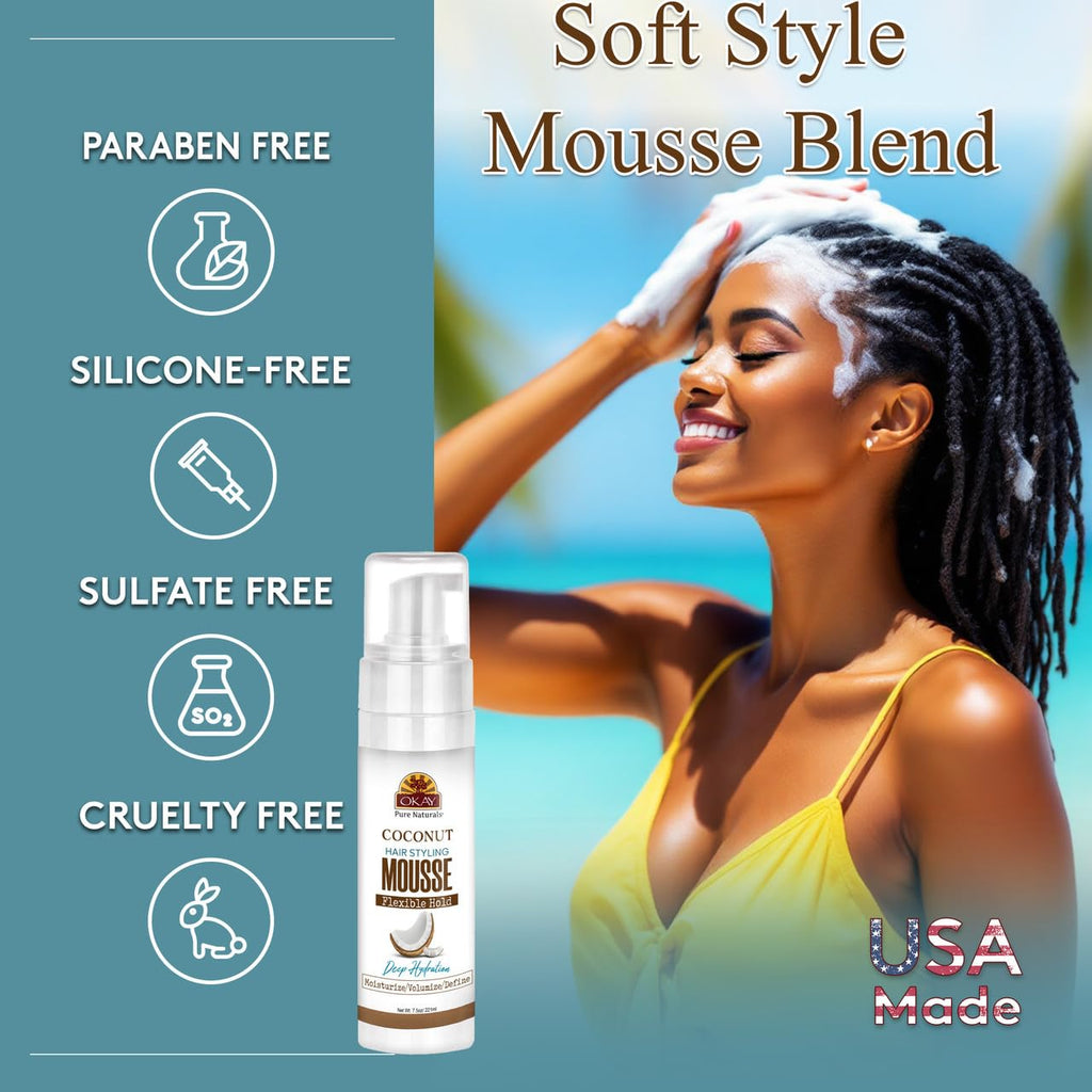 Okay Mousse Extra Hold Coconut – Lightweight, Alcohol-Free Styling for All Hair Types (7.5 oz / 221 ml)