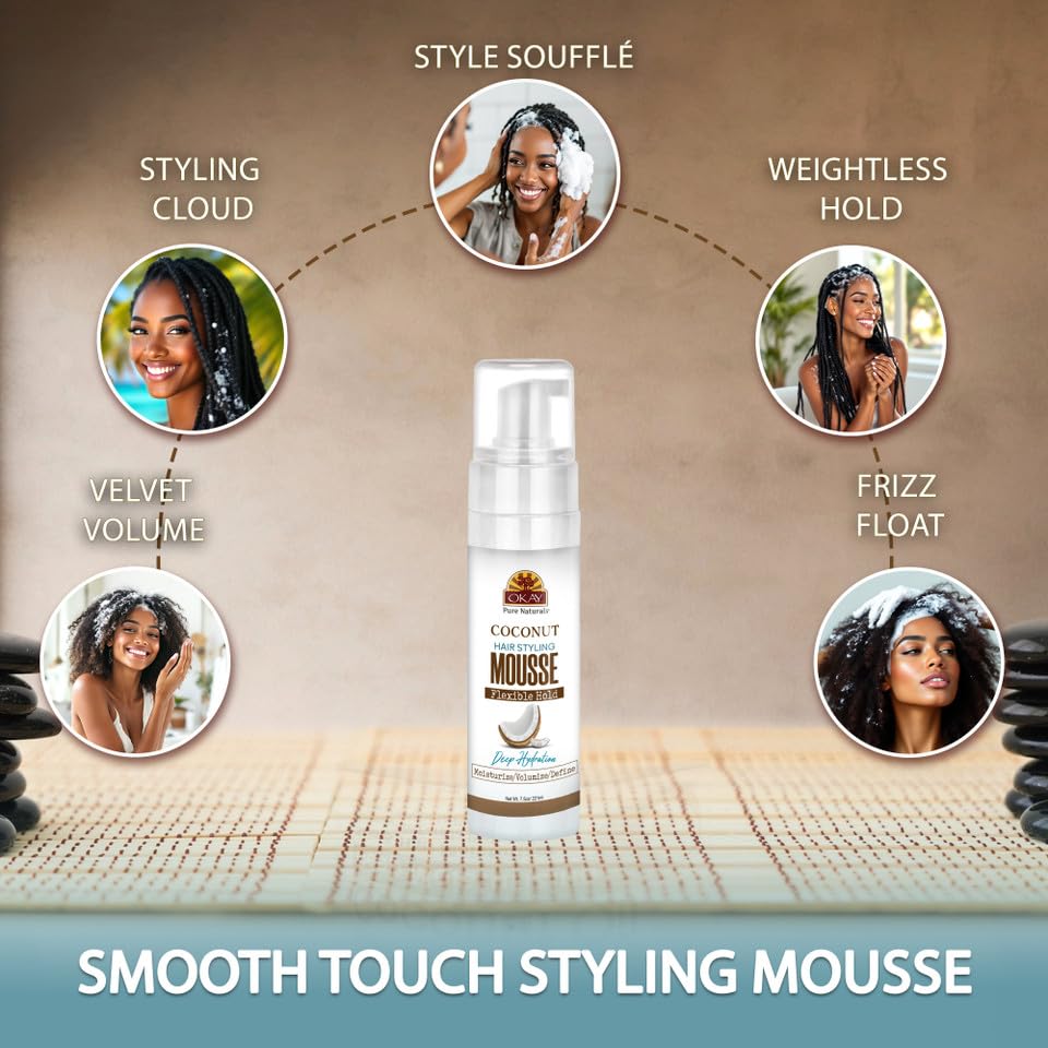 Okay Mousse Extra Hold Coconut – Lightweight, Alcohol-Free Styling for All Hair Types (7.5 oz / 221 ml)