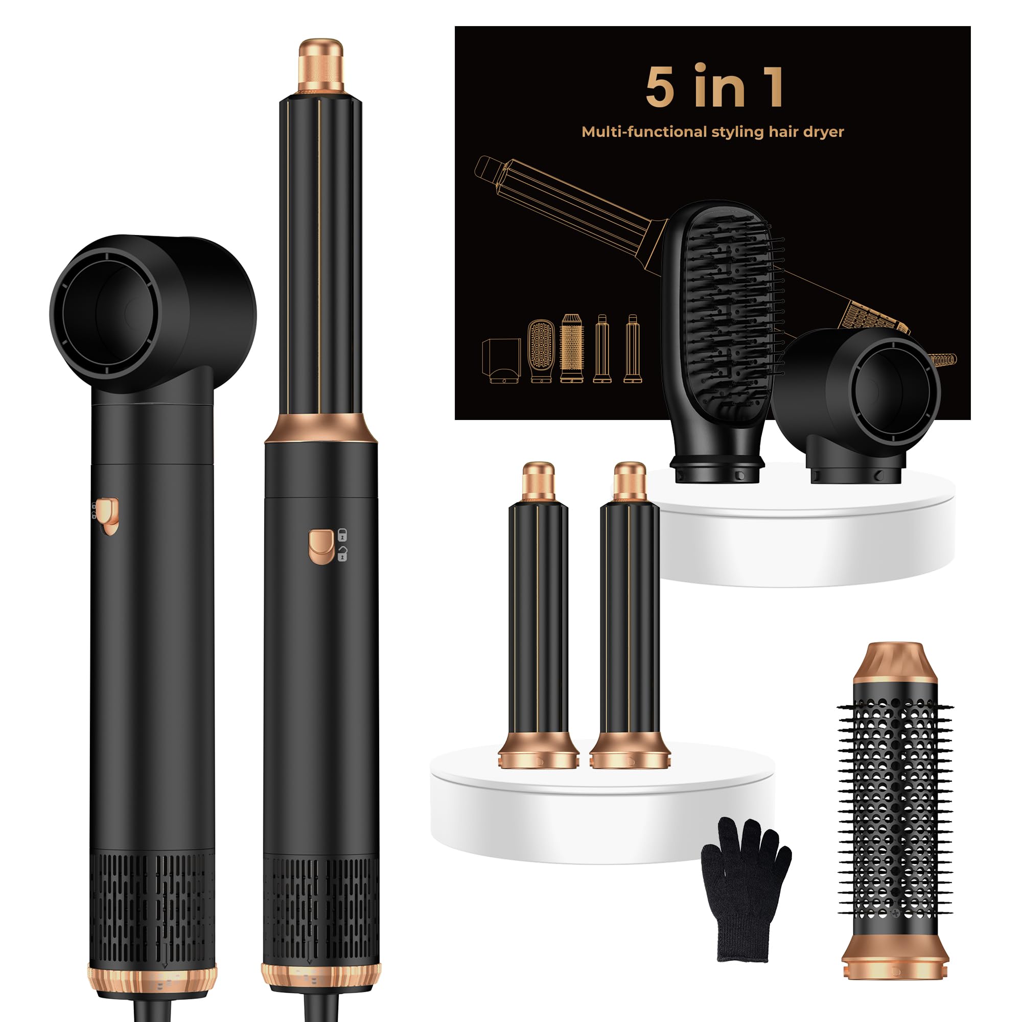 OKWRAP 5-in-1 Hair Dryer Brush Set – Negative Ionic Hot Air Styler with Auto-Wrap Curlers