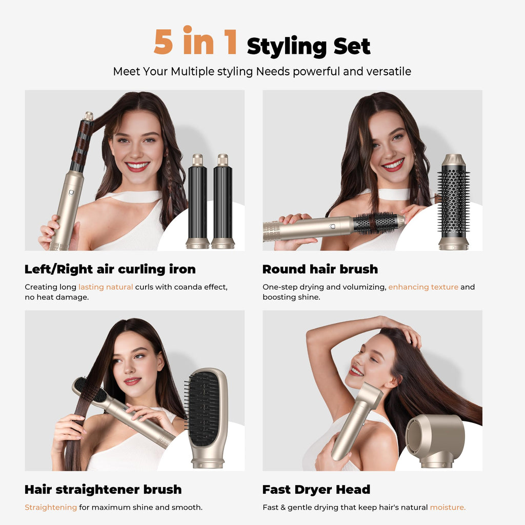 OKWRAP 5-in-1 Hair Dryer Brush Set – Negative Ionic Hot Air Styler with Auto Wrap Curlers
