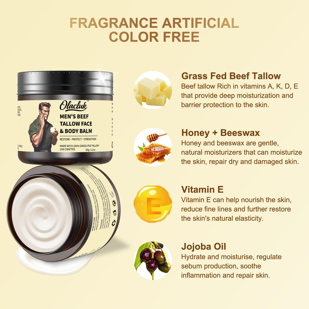 OLACLUK Beef Tallow Honey Balm – Unscented Face & Body Moisturizer, 2oz