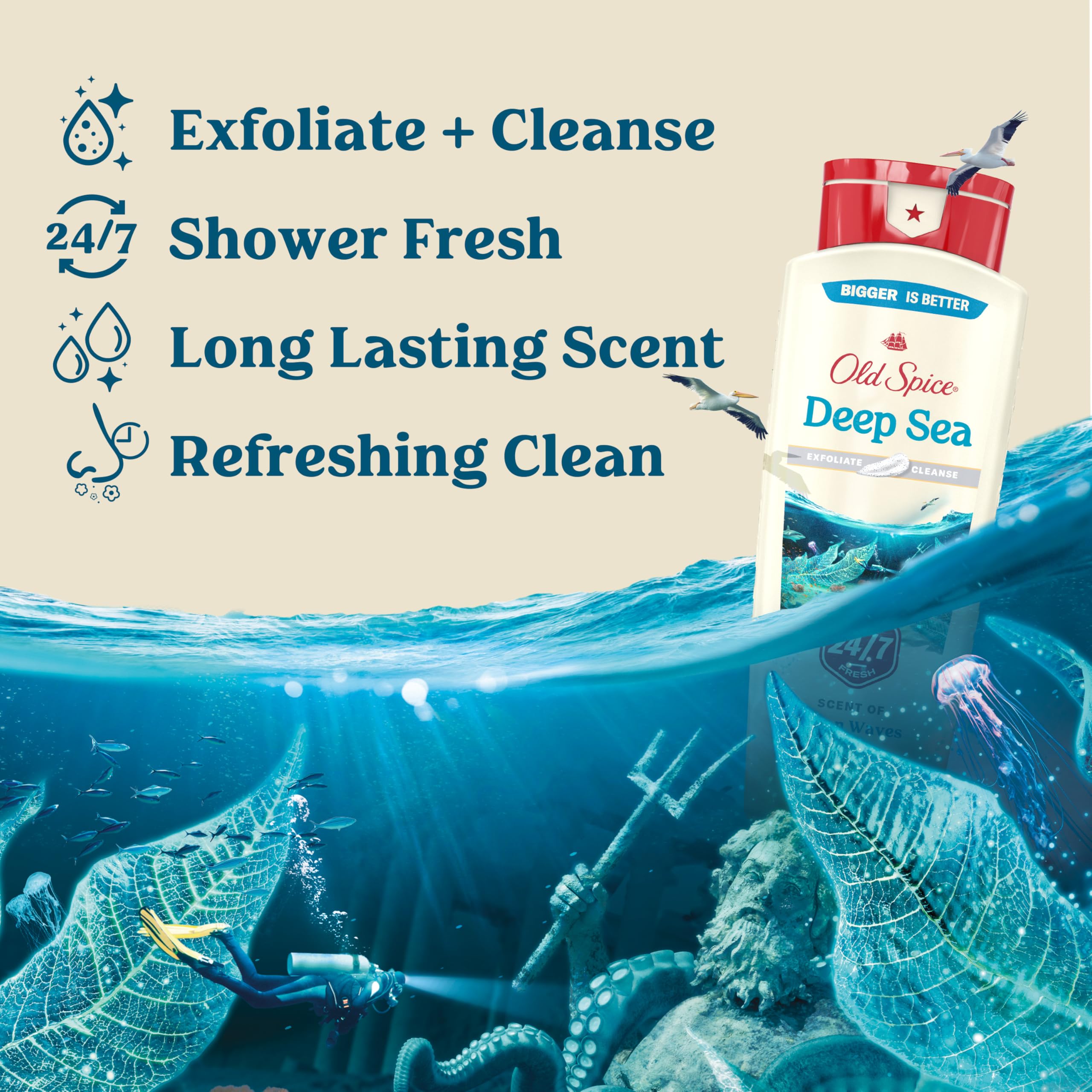 Old Spice Deep Cleanse Body Wash for Men – 24/7 Shower Fresh, Exfoliate & Cleanse, Deep Sea Minerals, Ocean Waves + Kelp Scent, 18 oz x4