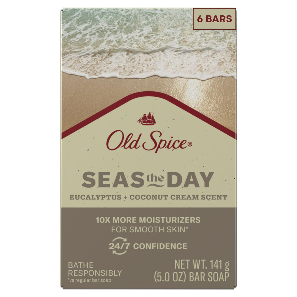 Old Spice Seas the Day Premium Bar Soap – Eucalyptus & Coconut Cream, Plant-Based Cleanser (Pack of 6)
