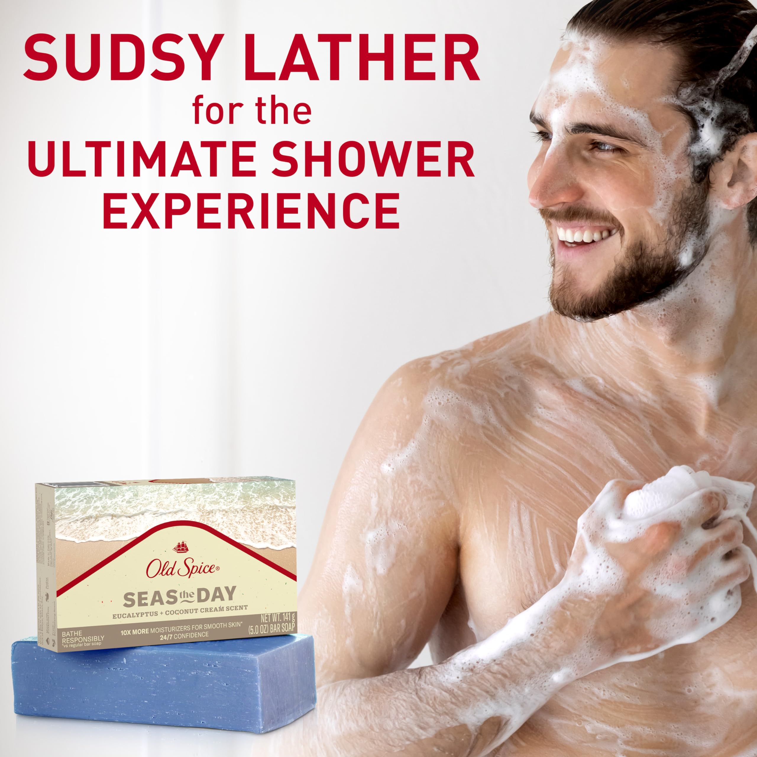Old Spice Seas the Day Premium Bar Soap – Eucalyptus & Coconut Cream, Plant-Based Cleanser (Pack of 6)