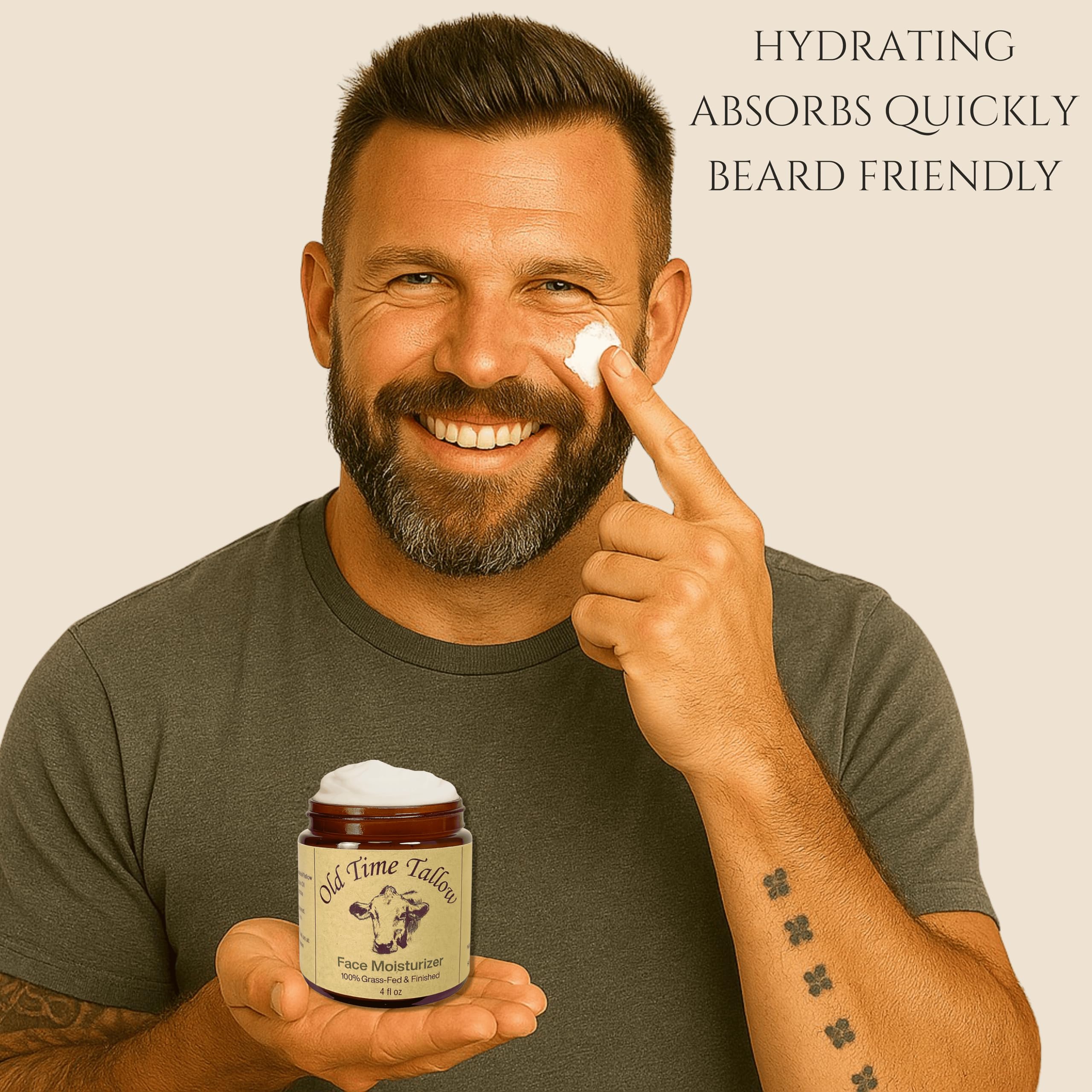 Old Time Tallow Organic Face Moisturizer – 4oz, Grass-Fed Beef Tallow, Amber Glass, Vanilla, Made in USA