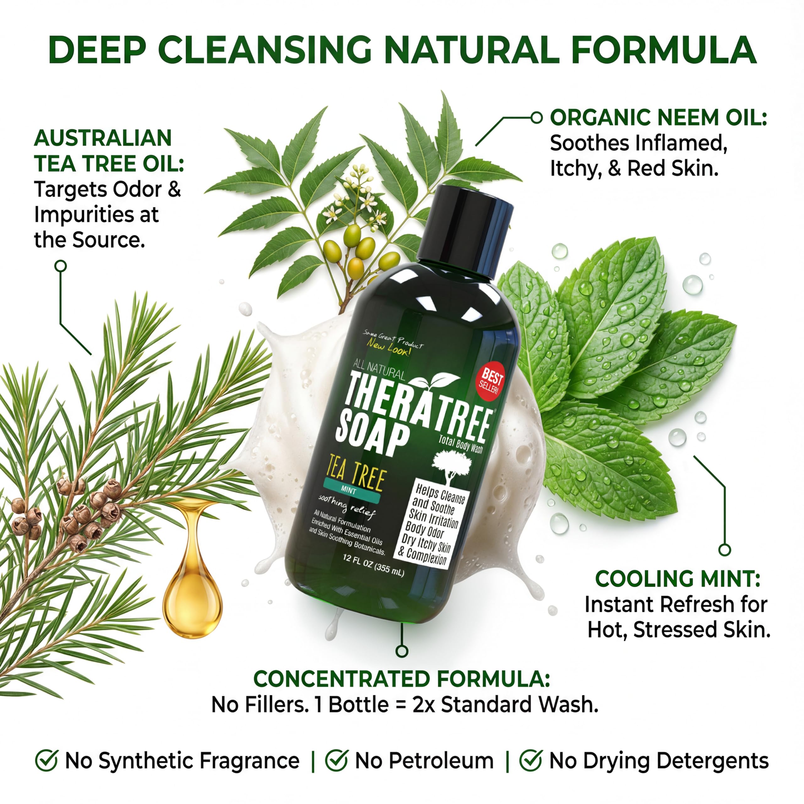 Oleavine TheraTree Tea Tree Oil Soap with Neem Oil – 12oz | Deep Cleanse for Body and Face