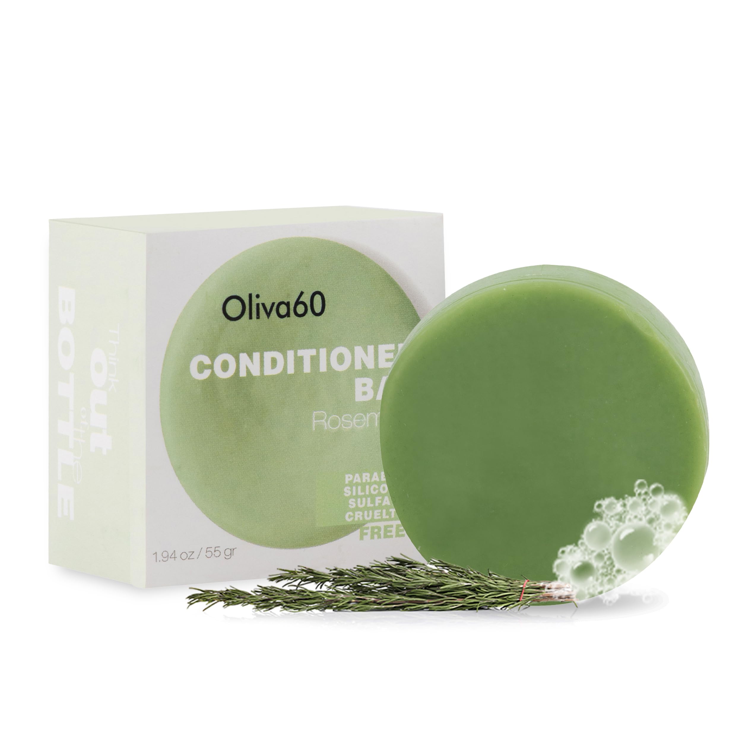 Oliva60 Rosemary Conditioner Bar for Curly Hair – Extra Moisturizing & Frizz Control | Olive, Argan, Macadamia Oils, Shea Butter | Sulfate & Paraben Free | Vegan | 1.94 oz