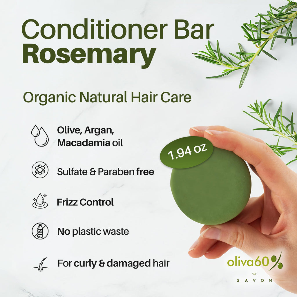 Oliva60 Rosemary Conditioner Bar for Curly Hair – Extra Moisturizing & Frizz Control | Olive, Argan, Macadamia Oils, Shea Butter | Sulfate & Paraben Free | Vegan | 1.94 oz