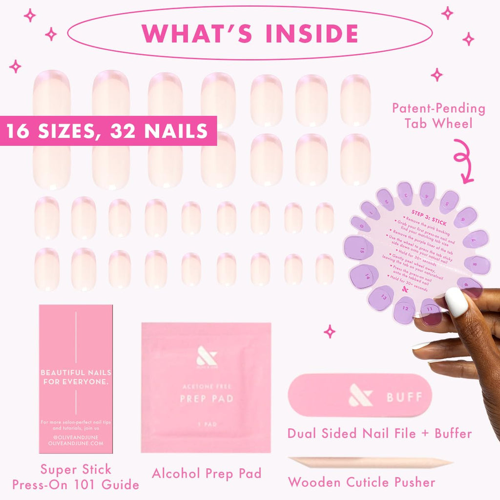 Olive & June Super Stick Mani Press-On Nails – No Glue Needed, 7-Day Wear, Realest Look | Glazed French