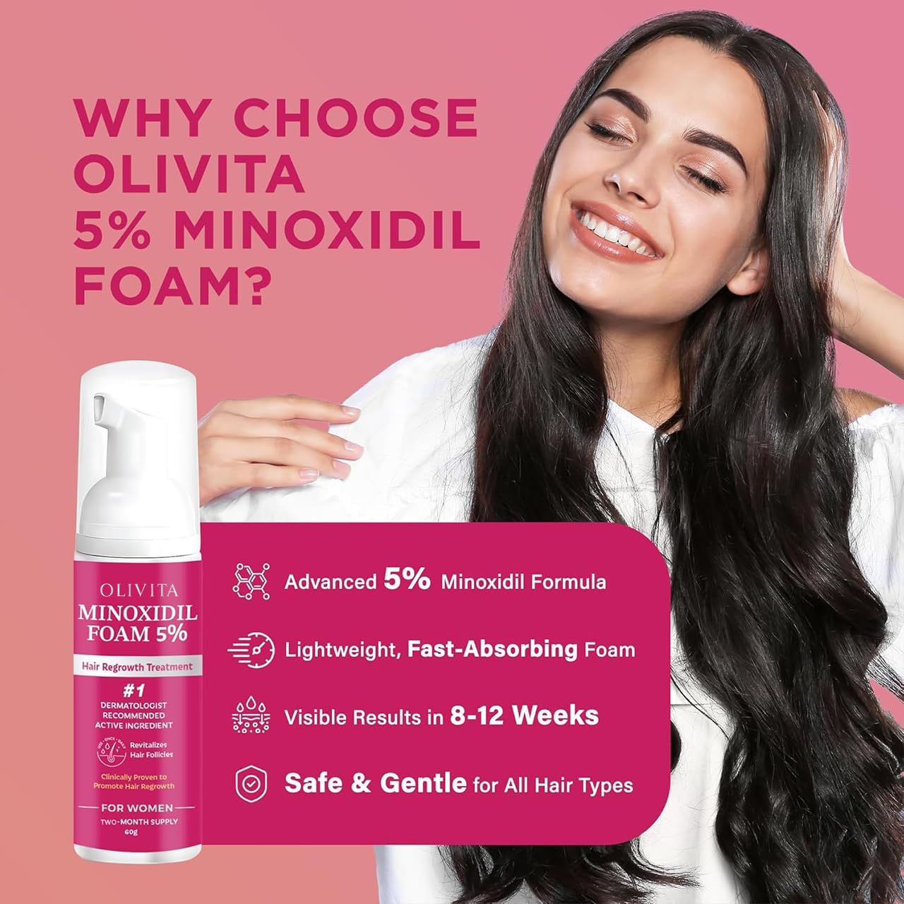 OLIVITA 5% Minoxidil Foam for Women – Extra Strength Hair Regrowth (2x60ml)