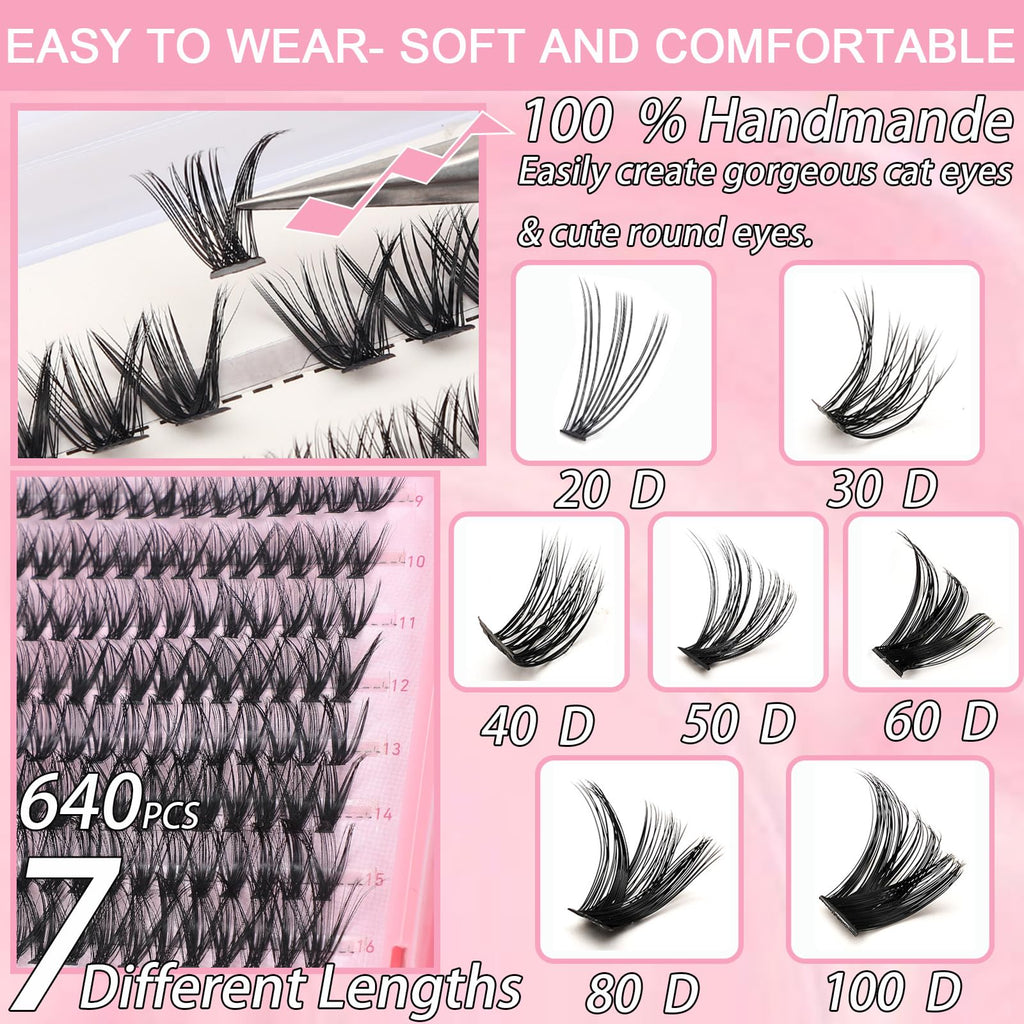 OLLAVO Lash Clusters Kit — 640 Pcs DIY Lashes 9-16mm, 30D-40D, D Curl