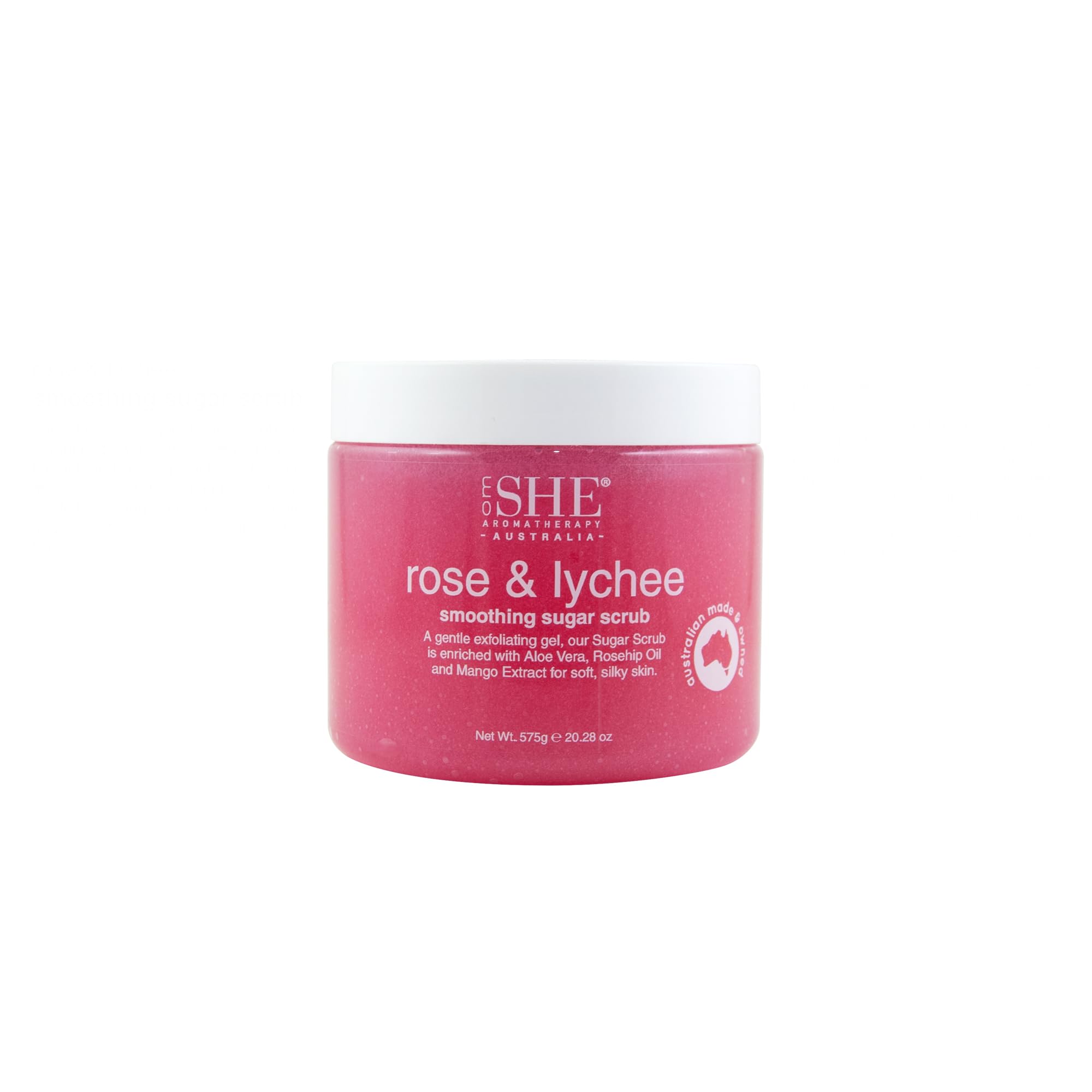 Om She Aromatherapy Rose and Lychee Sugar Scrub 20.28oz – Exfoliating Gel, Australian Made