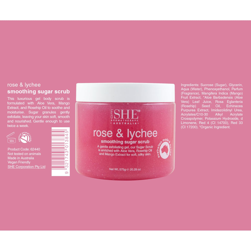 Om She Aromatherapy Rose and Lychee Sugar Scrub 20.28oz – Exfoliating Gel, Australian Made