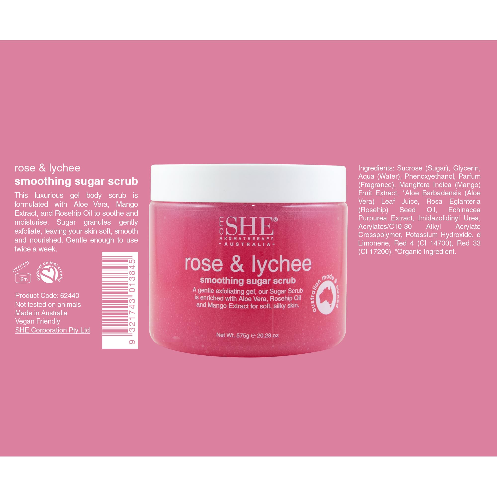 Om She Aromatherapy Rose and Lychee Sugar Scrub 20.28oz – Exfoliating Gel, Australian Made