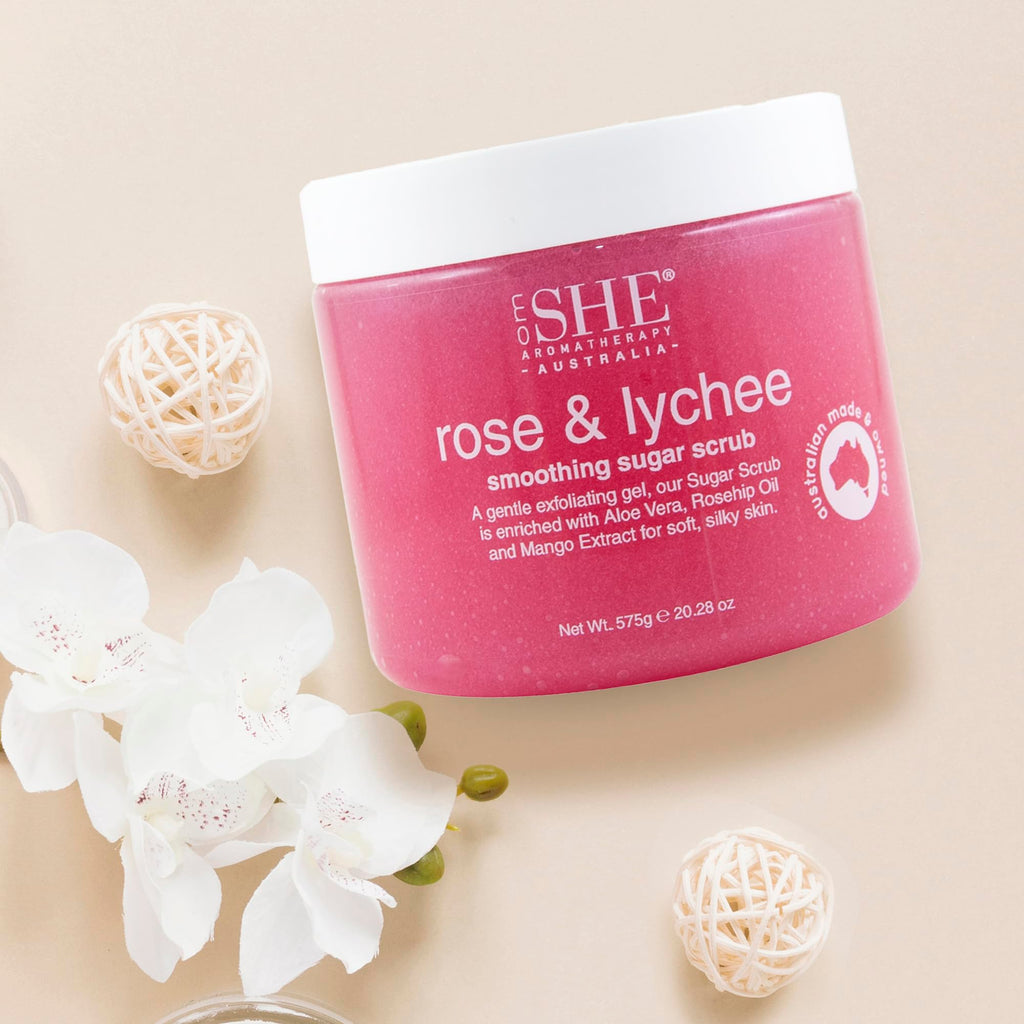 Om She Aromatherapy Rose and Lychee Sugar Scrub 20.28oz – Exfoliating Gel, Australian Made