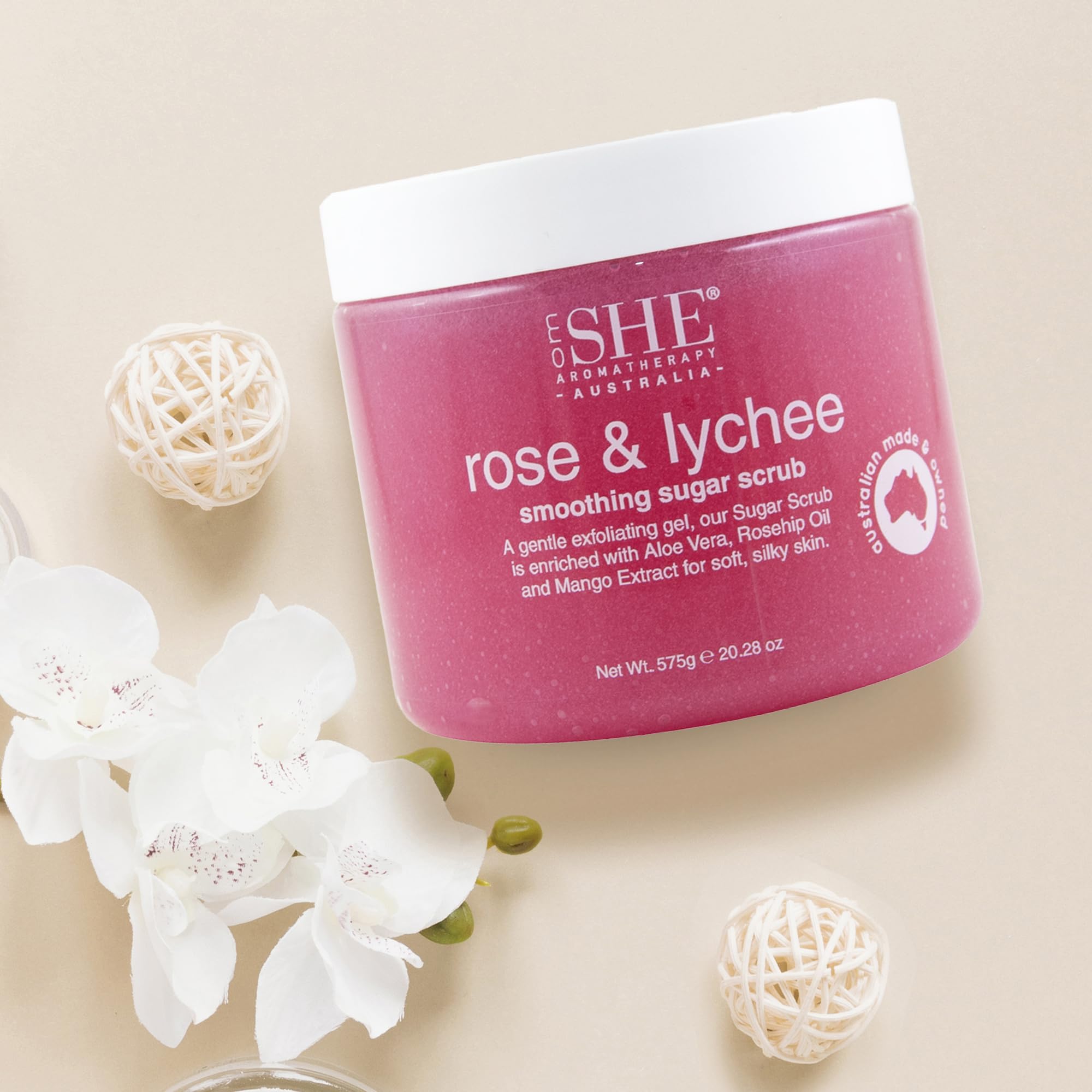Om She Aromatherapy Rose and Lychee Sugar Scrub 20.28oz – Exfoliating Gel, Australian Made