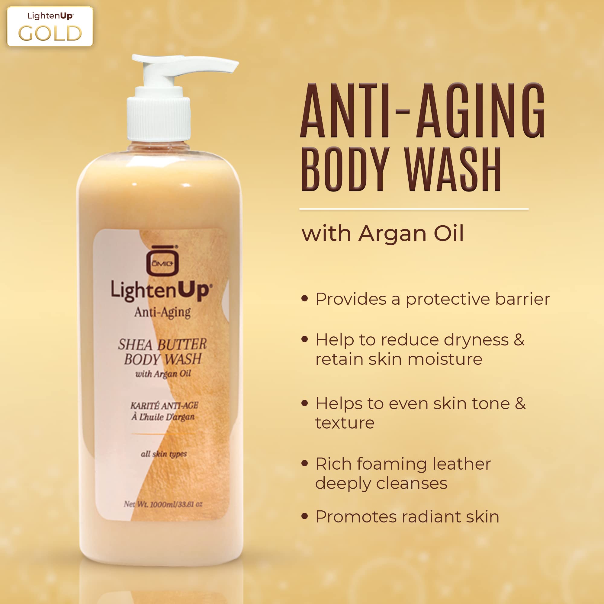 OMIC Lighten-Up Anti-Aging Body Wash – 33.8 fl oz / 1000 ml (Pack of 2) | Argan Oil & Shea Butter