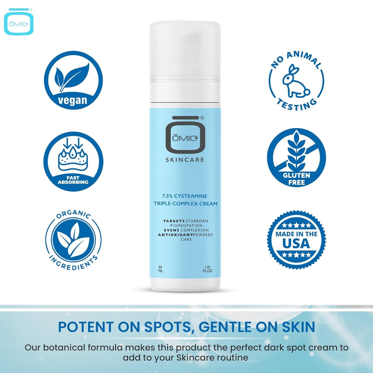 OMIC+ Skincare 7.5% Cysteamine Cream – Brightening & Even Tone, Lightweight Triple Complex
