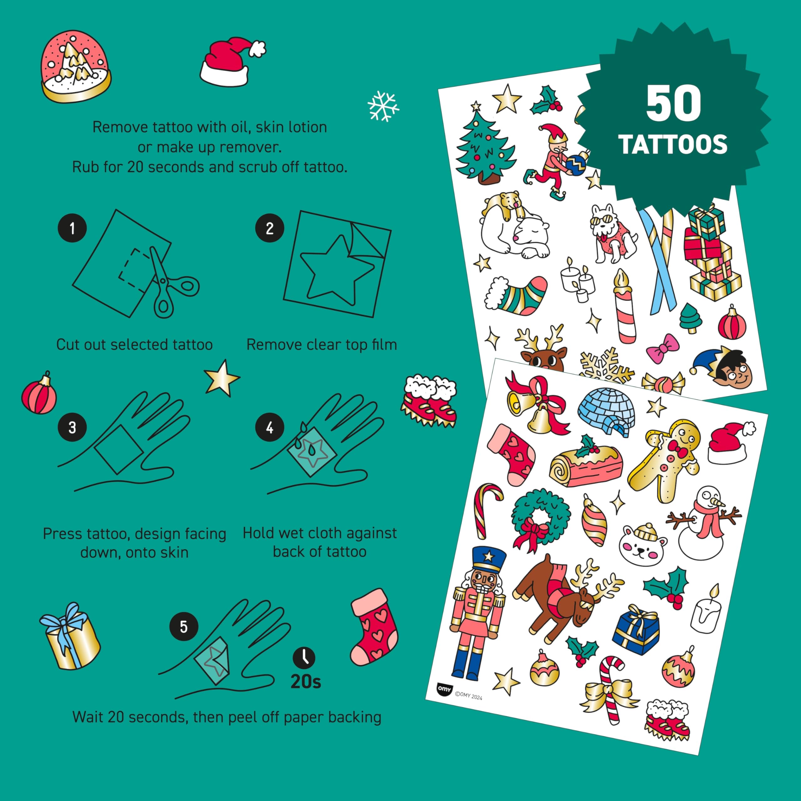 Omy Christmas Temporary Tattoos for Kids – 50 Festive Designs, Safe & Long-Lasting