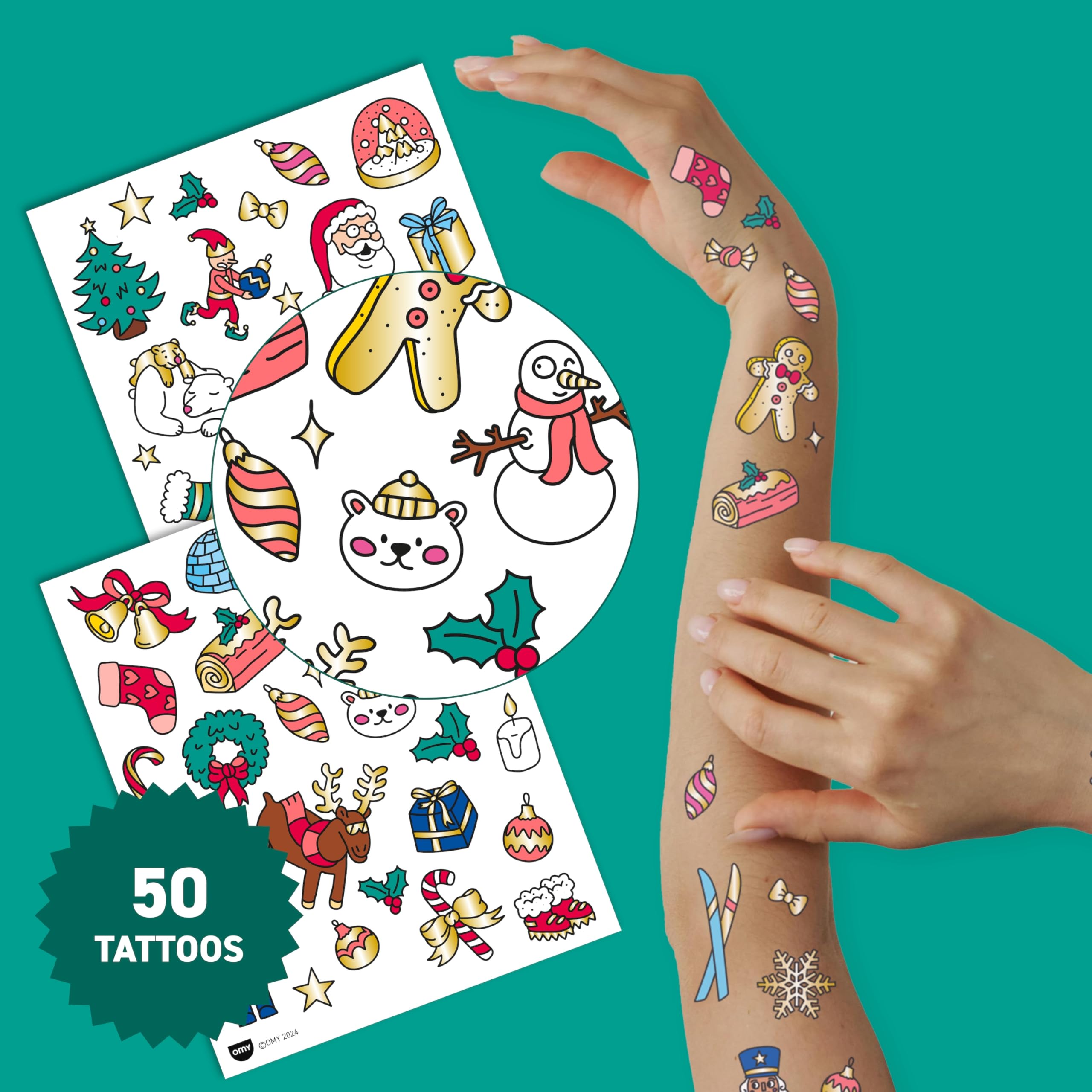 Omy Christmas Temporary Tattoos for Kids – 50 Festive Designs, Safe & Long-Lasting