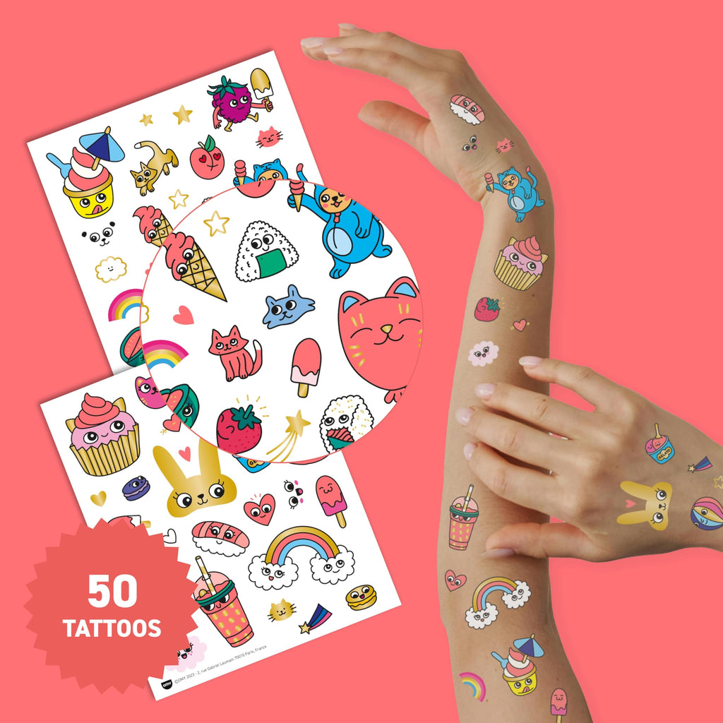 Omy Kawaii Temporary Tattoos for Kids – 50 Colorful Designs | Safe, Long-Lasting & Easy to Apply | Ages 3+