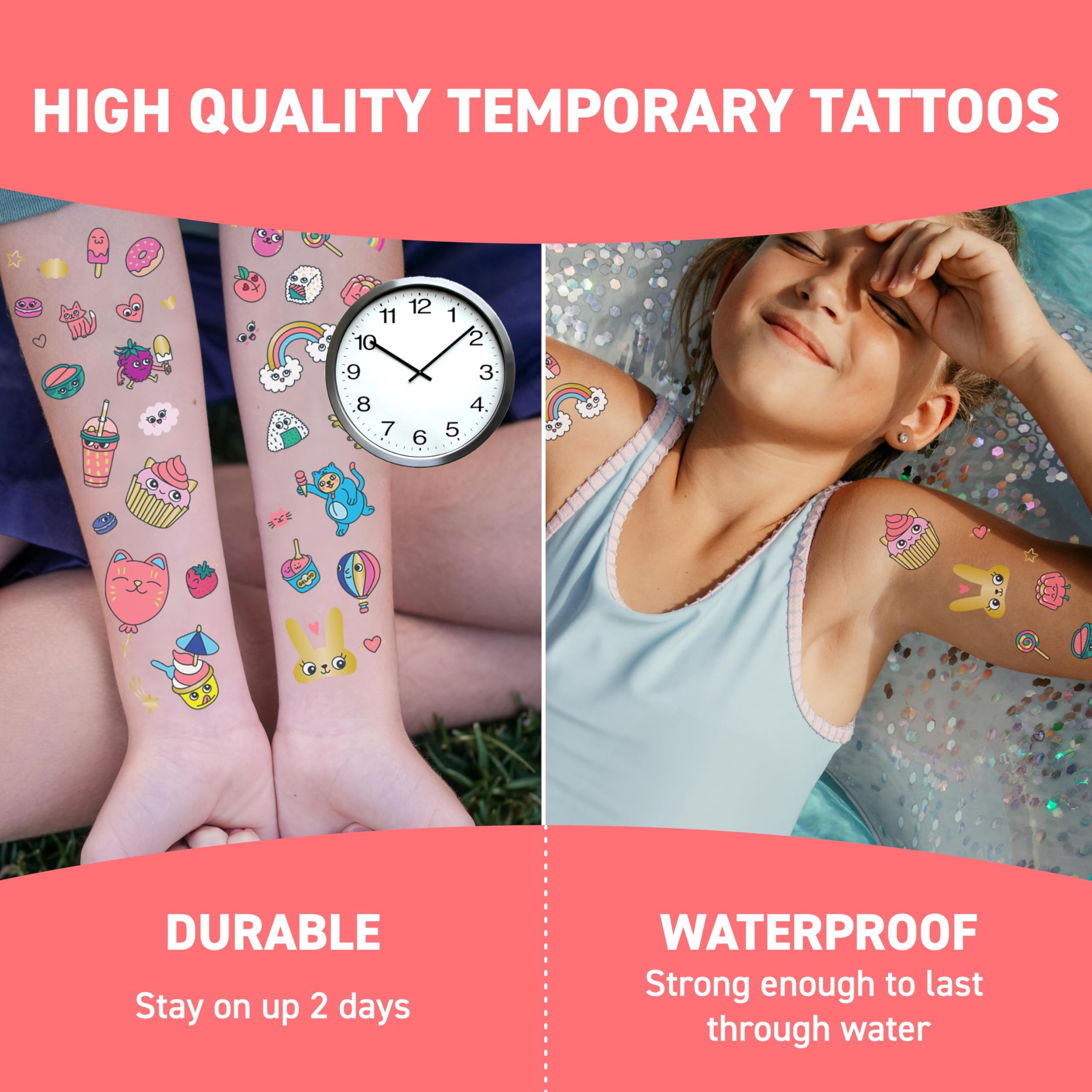 Omy Kawaii Temporary Tattoos for Kids – 50 Colorful Designs | Safe, Long-Lasting & Easy to Apply | Ages 3+