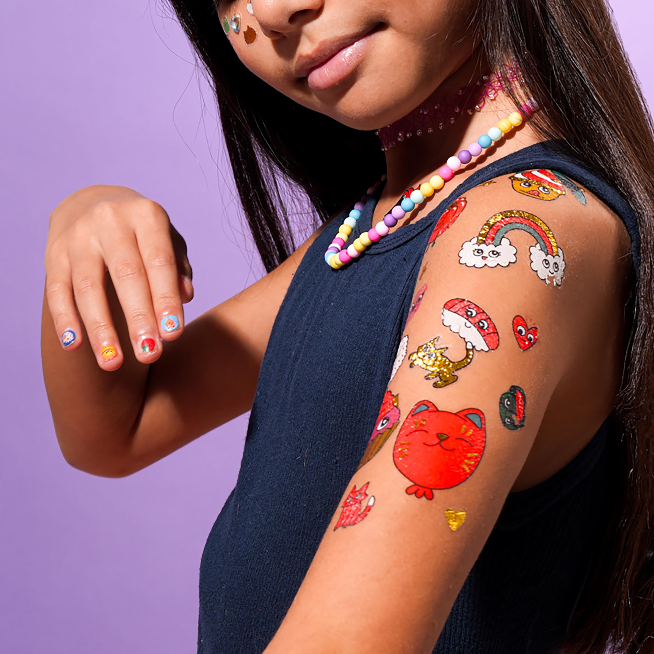 Omy Kawaii Temporary Tattoos for Kids – 50 Colorful Designs | Safe, Long-Lasting & Easy to Apply | Ages 3+