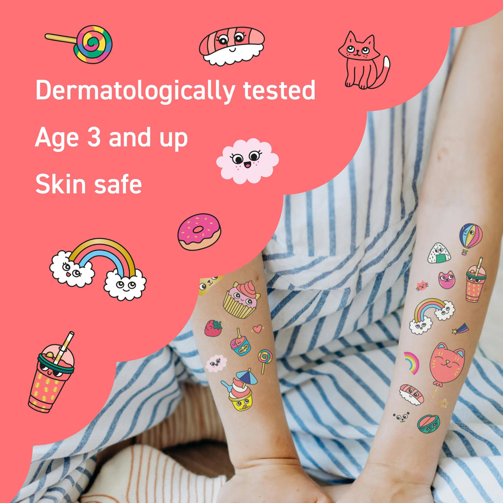 Omy Kawaii Temporary Tattoos for Kids – 50 Colorful Designs | Safe, Long-Lasting & Easy to Apply | Ages 3+