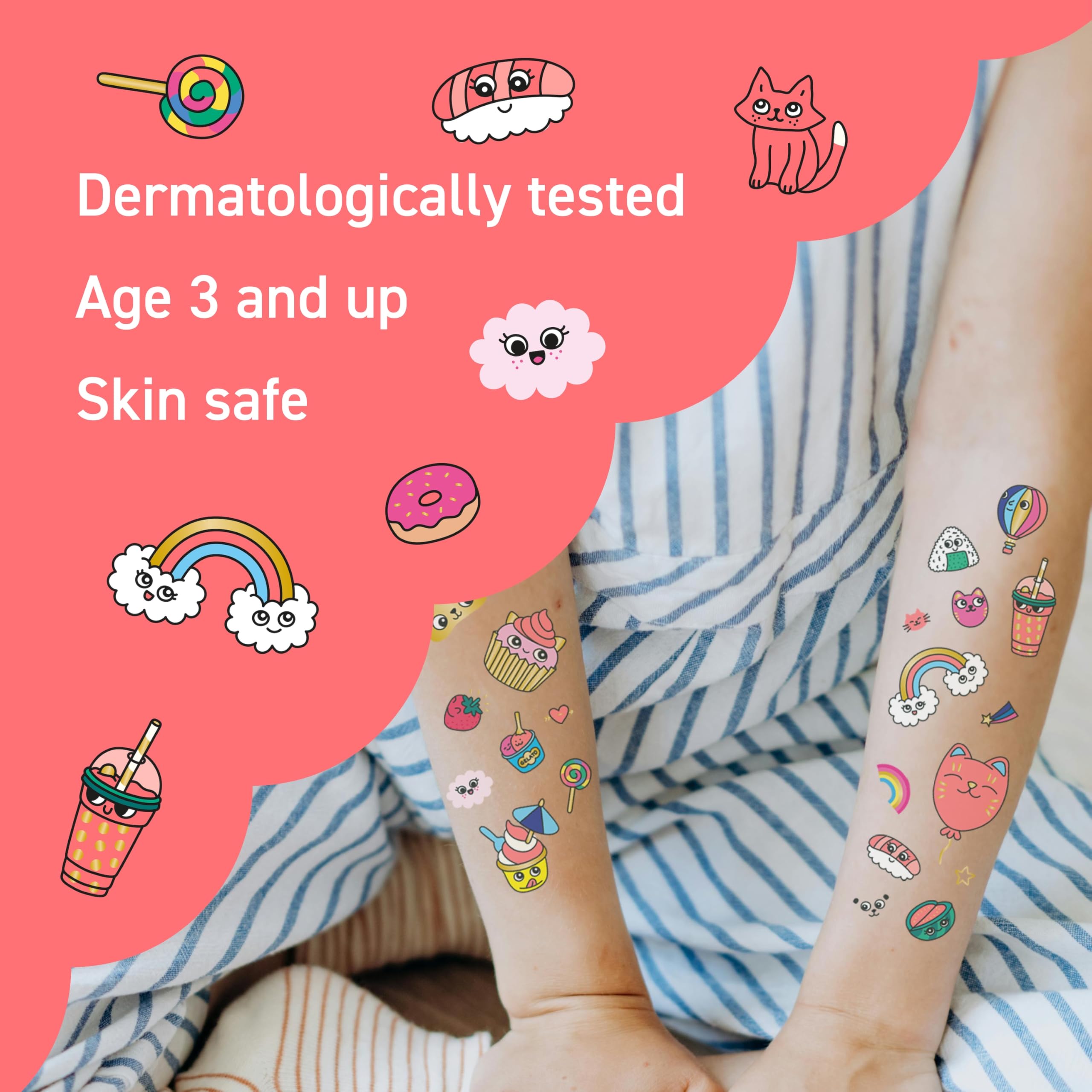 Omy Kawaii Temporary Tattoos for Kids – 50 Colorful Designs | Safe, Long-Lasting & Easy to Apply | Ages 3+