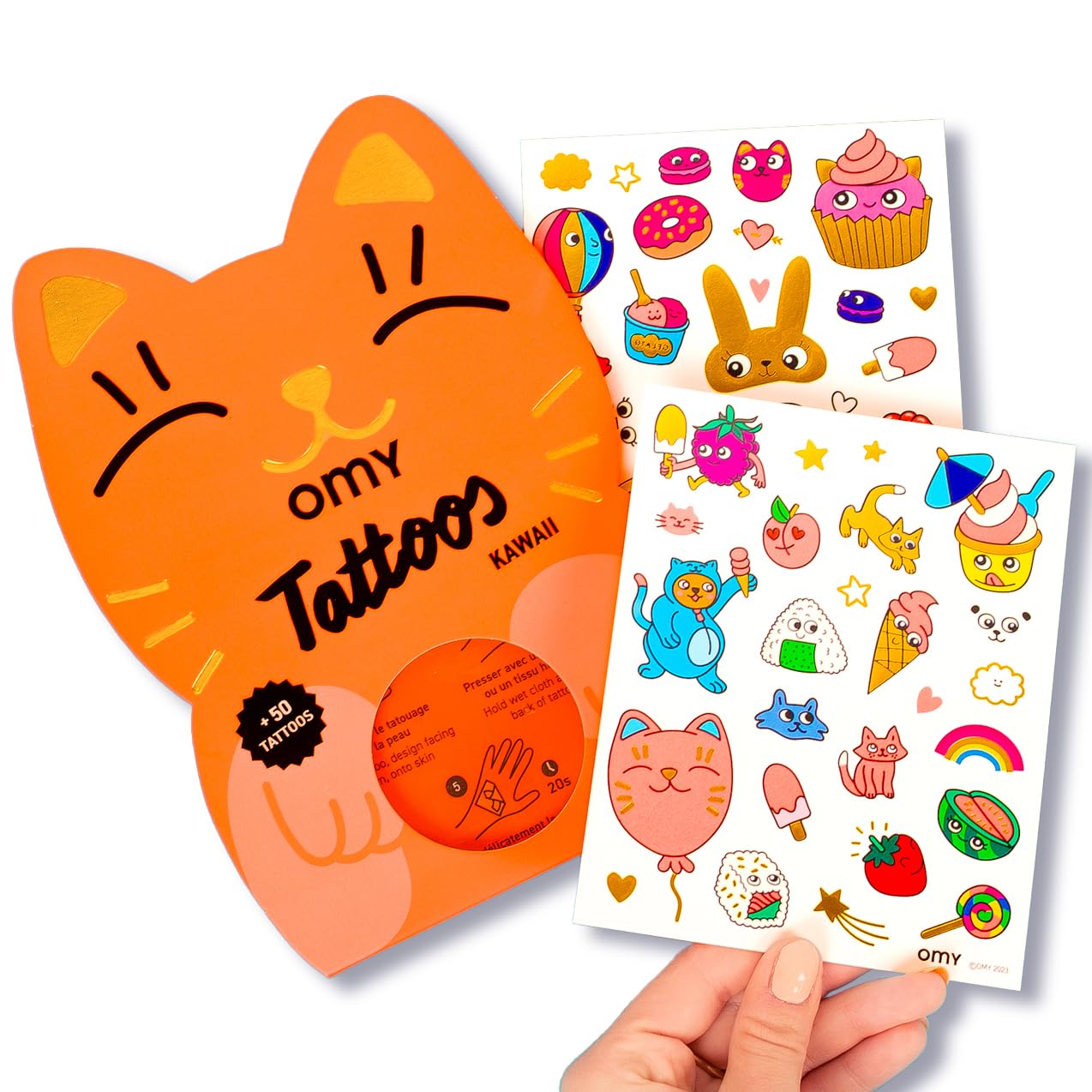 Omy Kawaii Temporary Tattoos for Kids – 50 Colorful Designs | Safe, Long-Lasting & Easy to Apply | Ages 3+