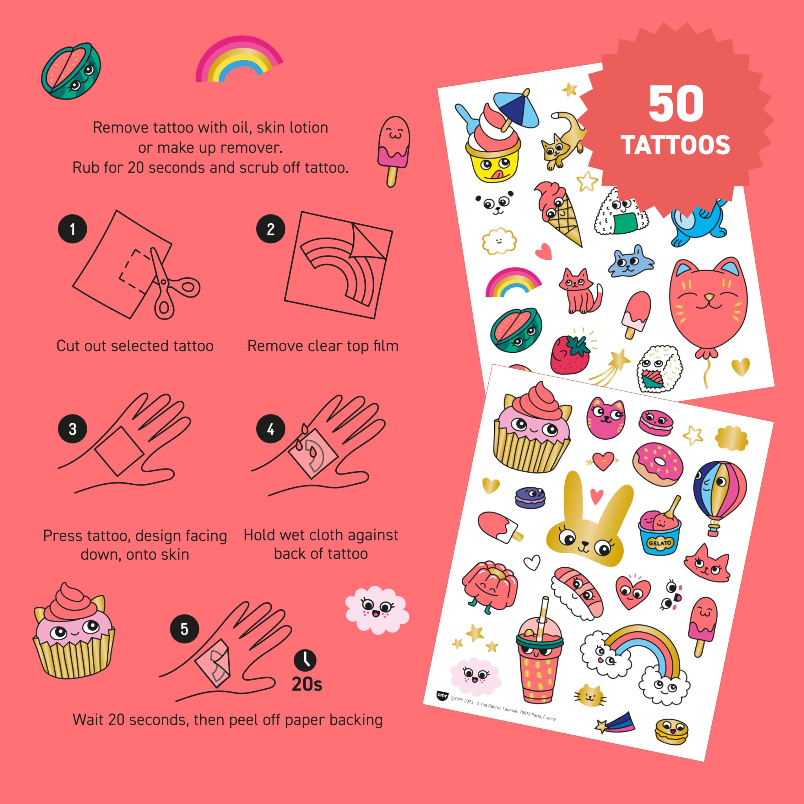 Omy Kawaii Temporary Tattoos for Kids – 50 Colorful Designs | Safe, Long-Lasting & Easy to Apply | Ages 3+