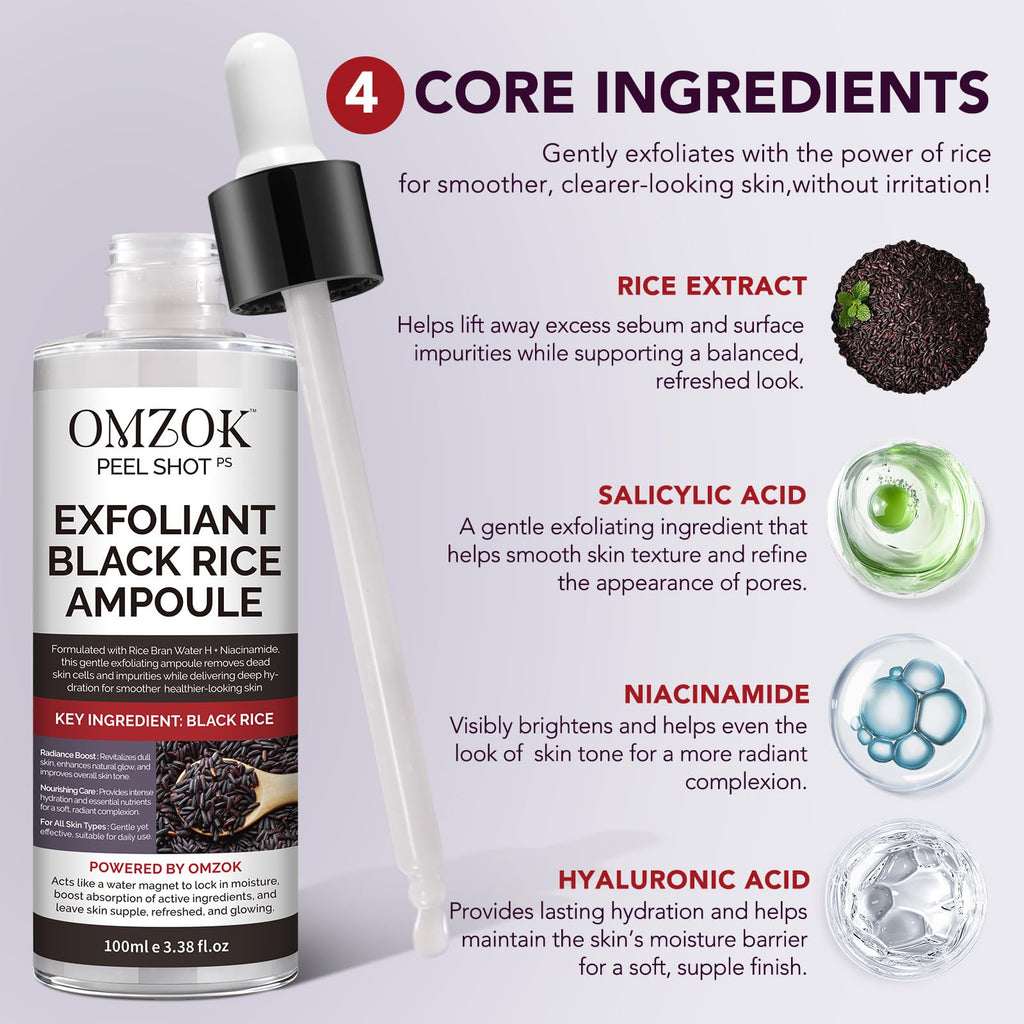 OMZOK Peel Shot Glow Rice Ampoule Duo – Black Rice Exfoliant & Hyaluronic Acid Serum (100ml)