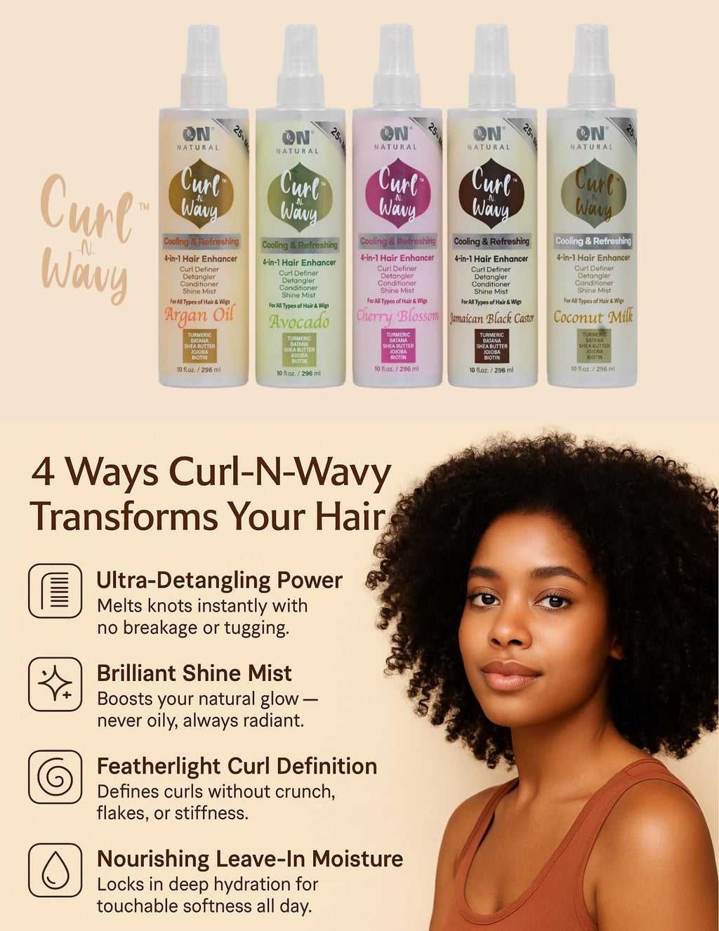 On Natural Curl-N-Wavy 4-in-1 Hair Enhancer for All Hair Textures – Cherry Blossom, 10 oz