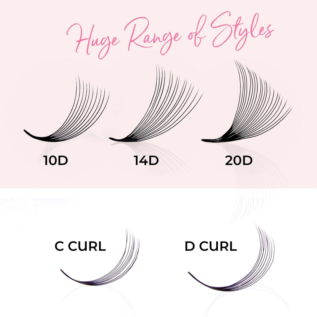One V Salon Premade Fans Lash Extensions — 384 Fans, 10D-16D, D Curl, 0.07mm