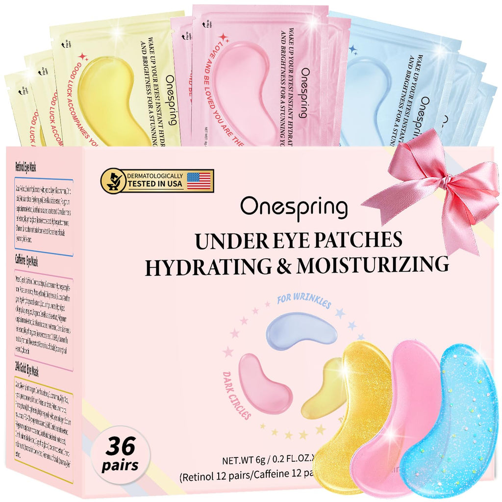 Onespring Eye Masks (36 Pairs) - Caffeine, Retinol, 24K Gold Eye Patches for Puffiness, Dark Circles, Wrinkles