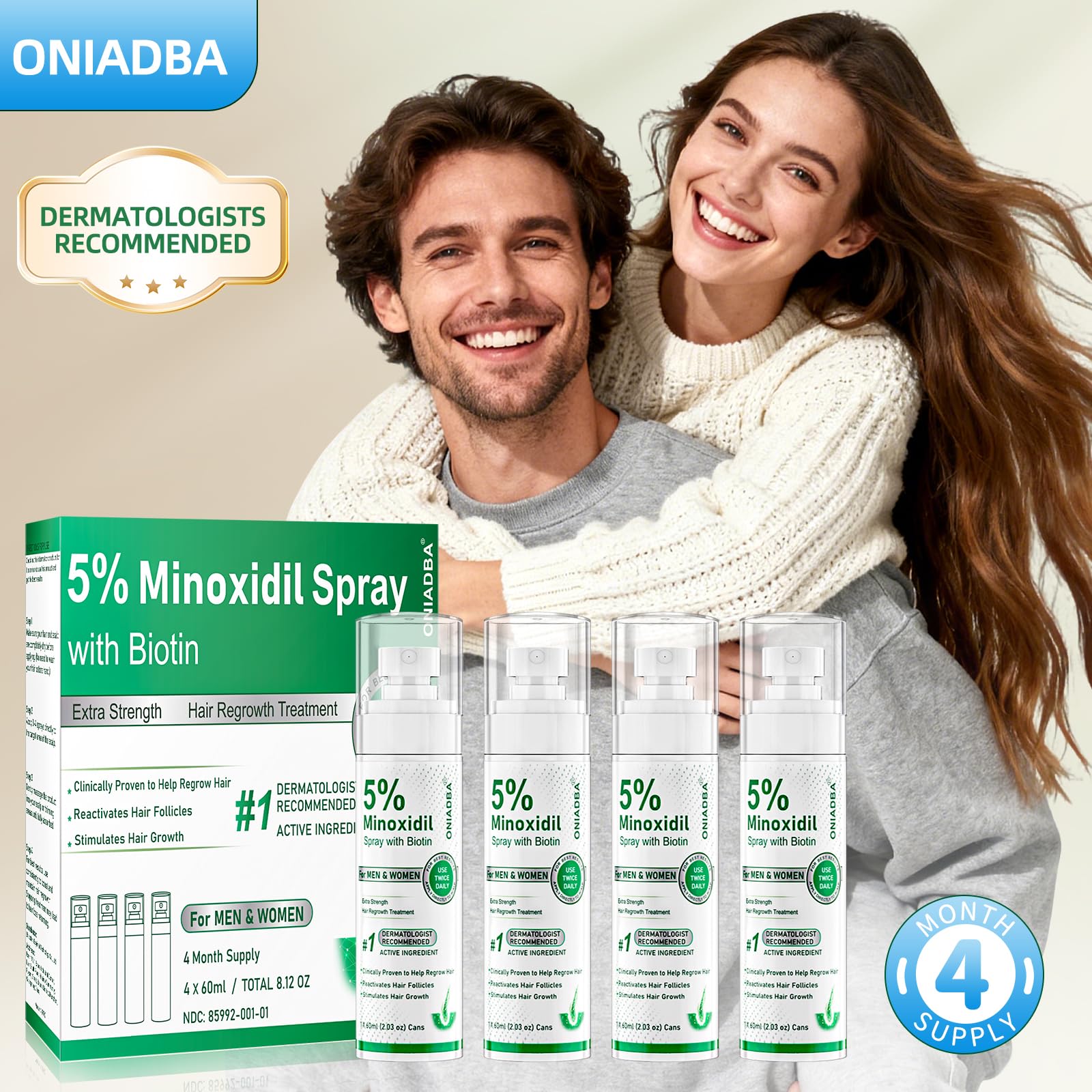 ONIADBA 5% Minoxidil Spray for Hair Growth – 4 Pack (8.12 oz each)