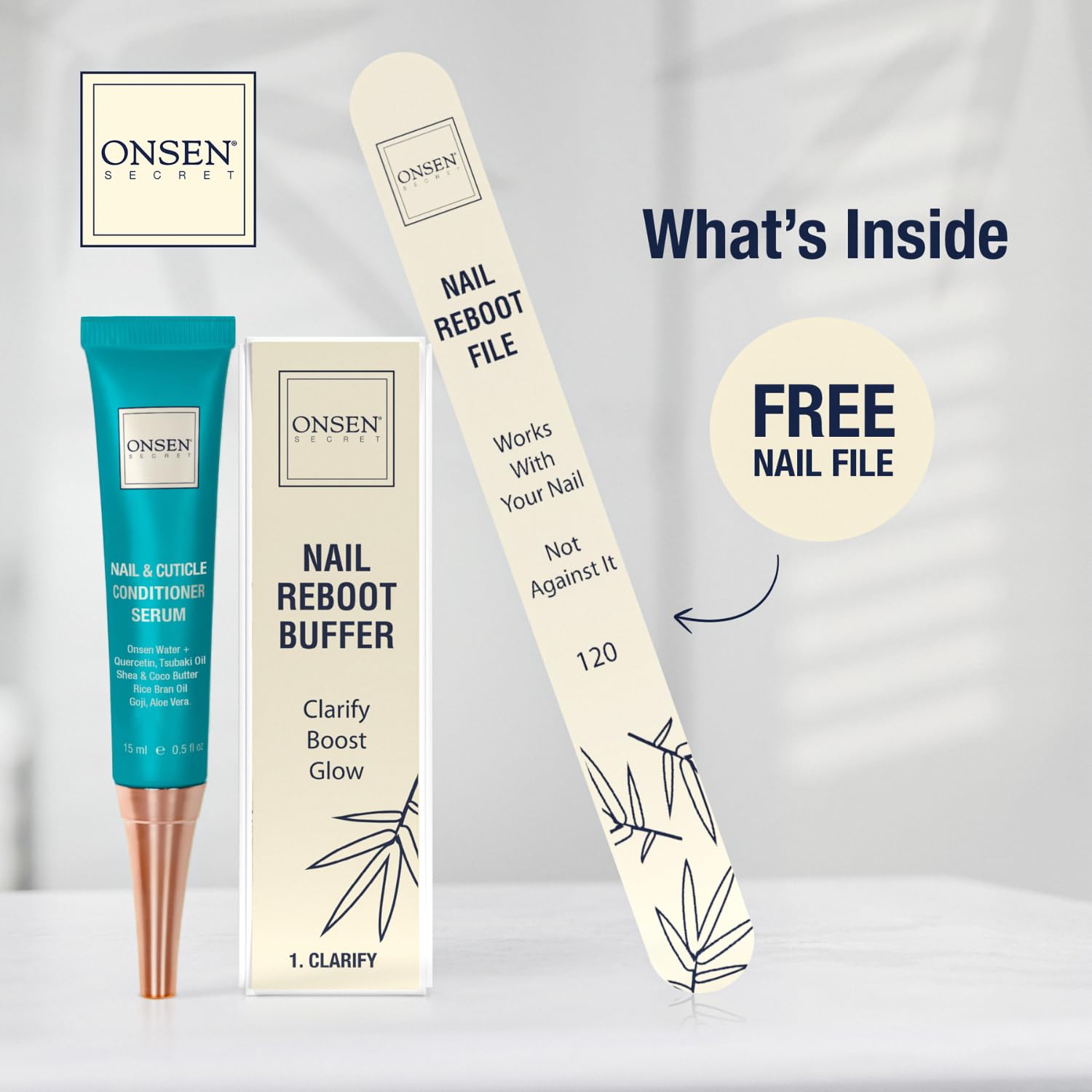 Onsen Secret Cuticle Cream Bundle | Nail Oil, Double-Sided File & Buffer