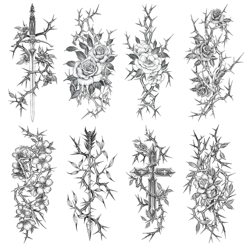 Oottati 8 Sheets Arm Waterproof Temporary Tattoos – Black Sword Thorns Flower Rose Cross