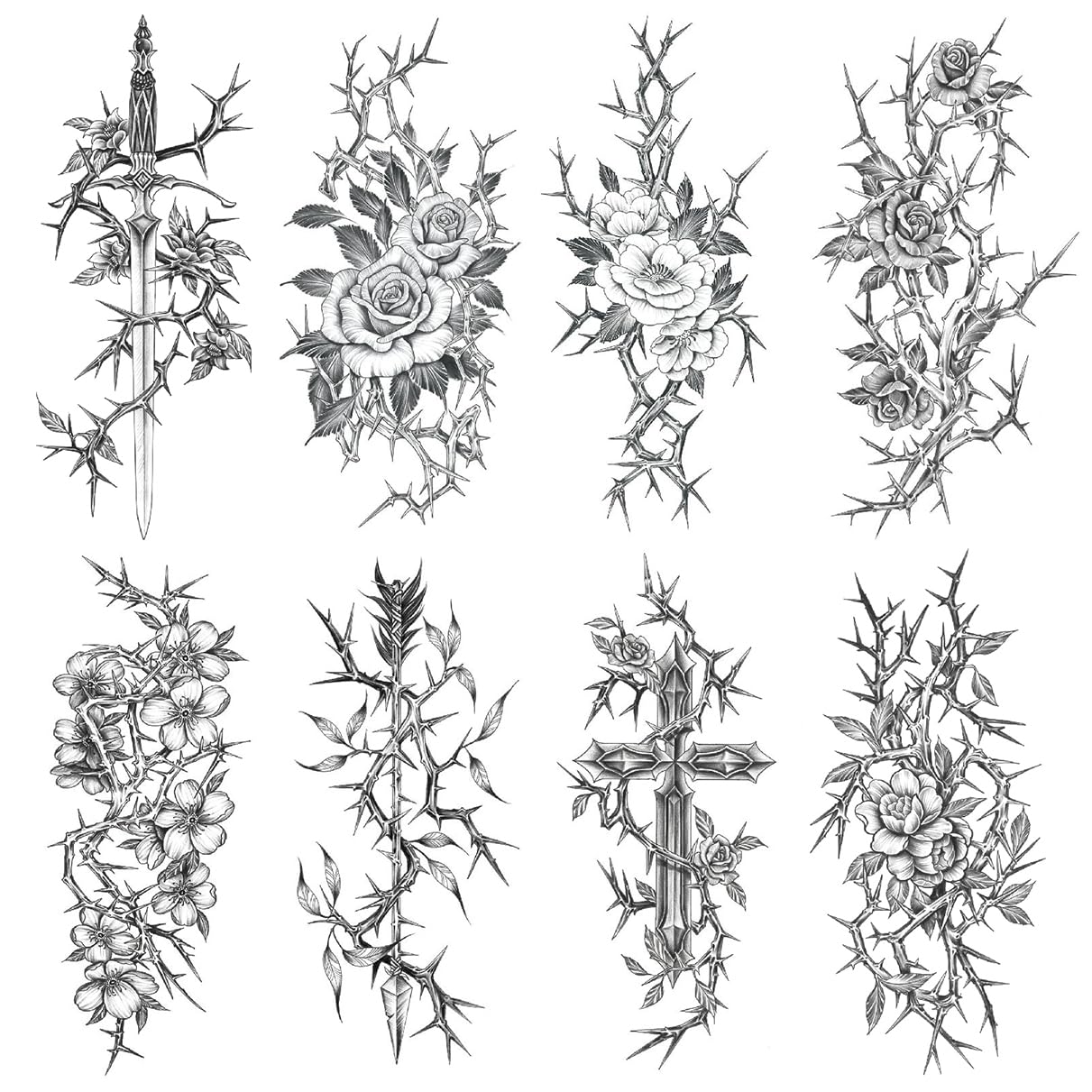 Oottati 8 Sheets Arm Waterproof Temporary Tattoos – Black Sword Thorns Flower Rose Cross
