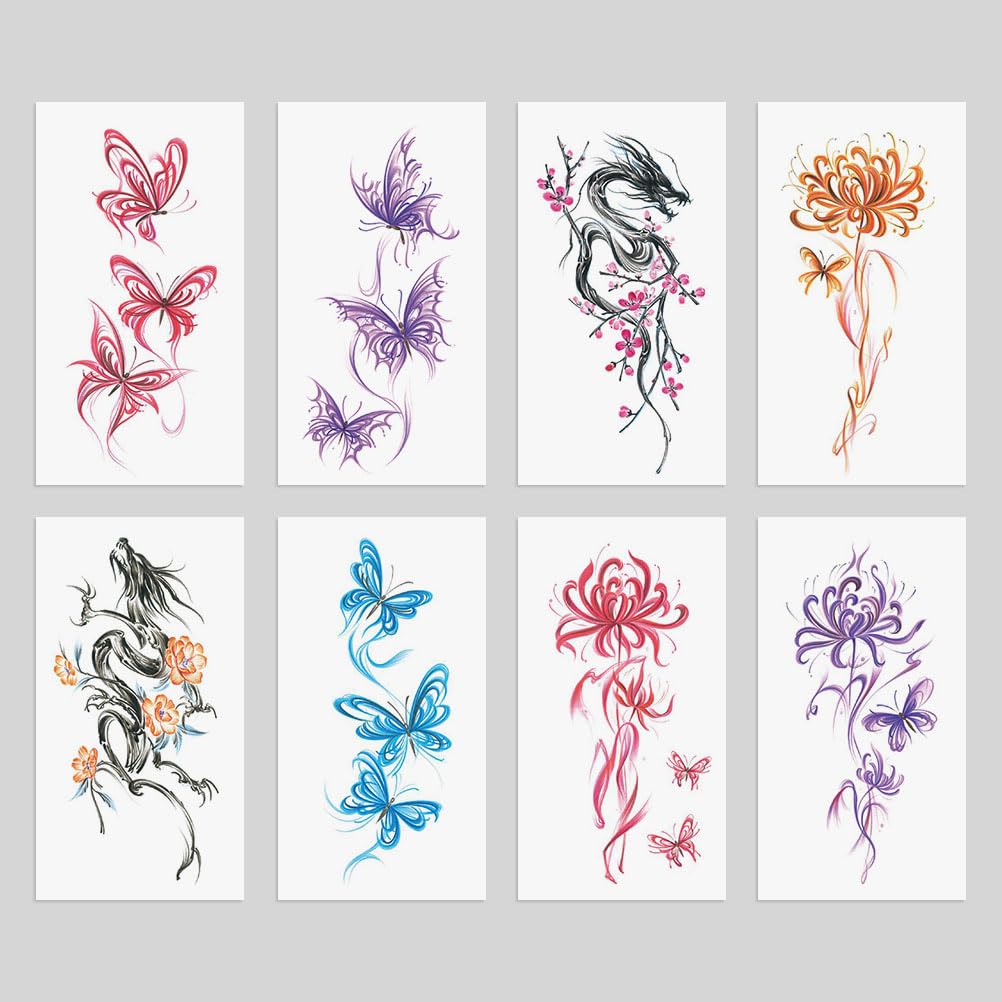 Oottati 8 Sheets Arm Temporary Tattoos – Waterproof, Colorful Butterfly, Flower & Dragon Pack