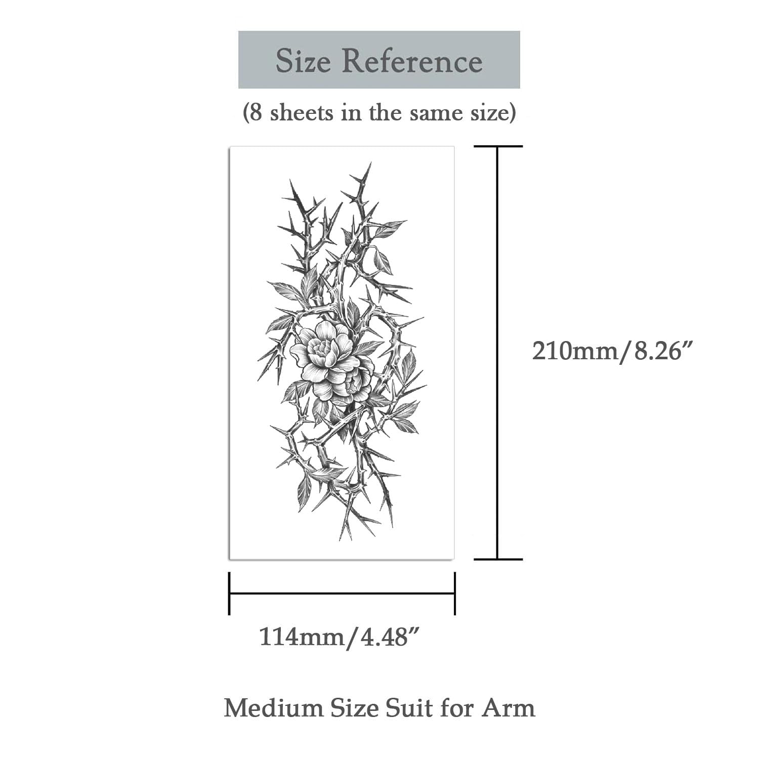Oottati 8 Sheets Arm Waterproof Temporary Tattoos – Black Sword Thorns Flower Rose Cross