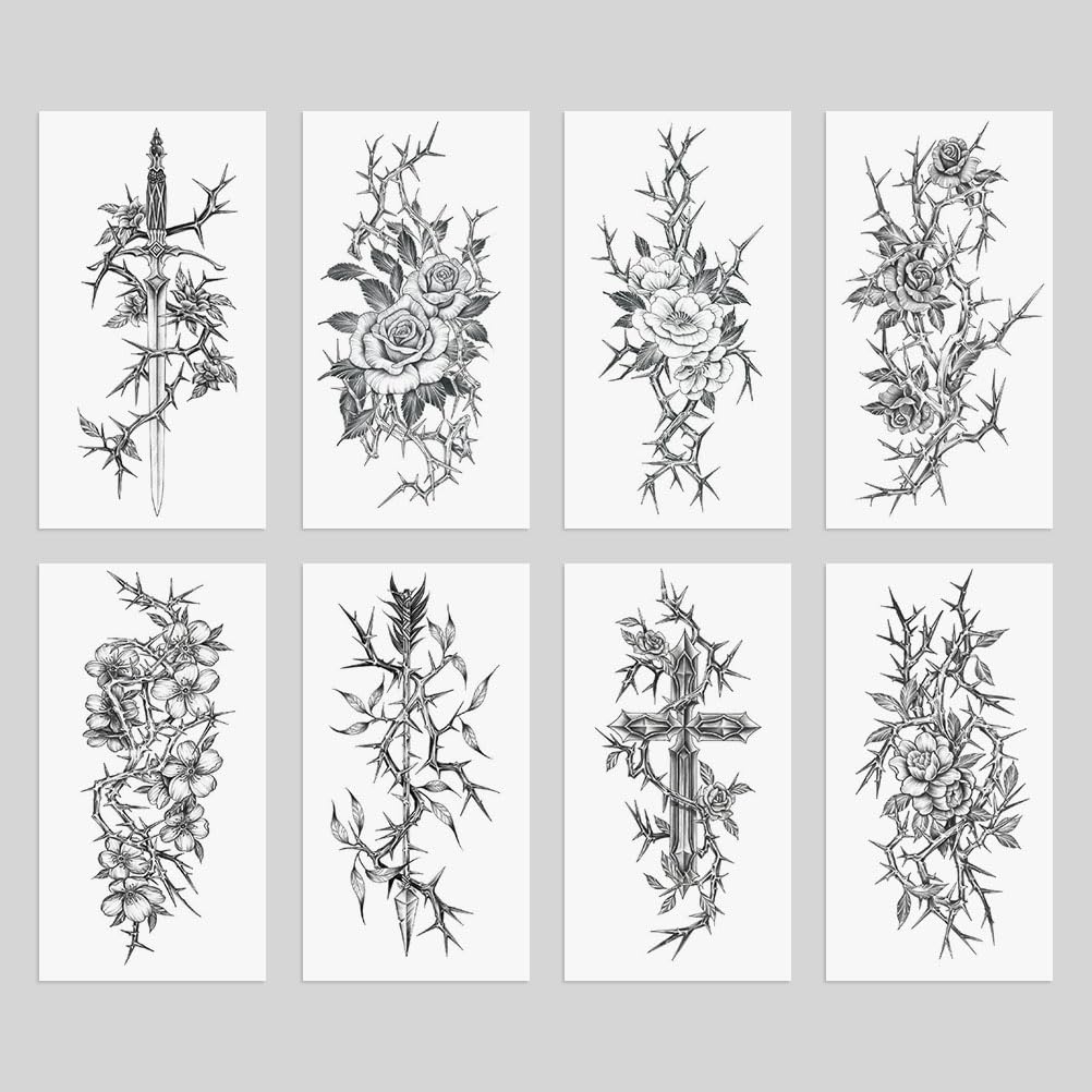 Oottati 8 Sheets Arm Waterproof Temporary Tattoos – Black Sword Thorns Flower Rose Cross