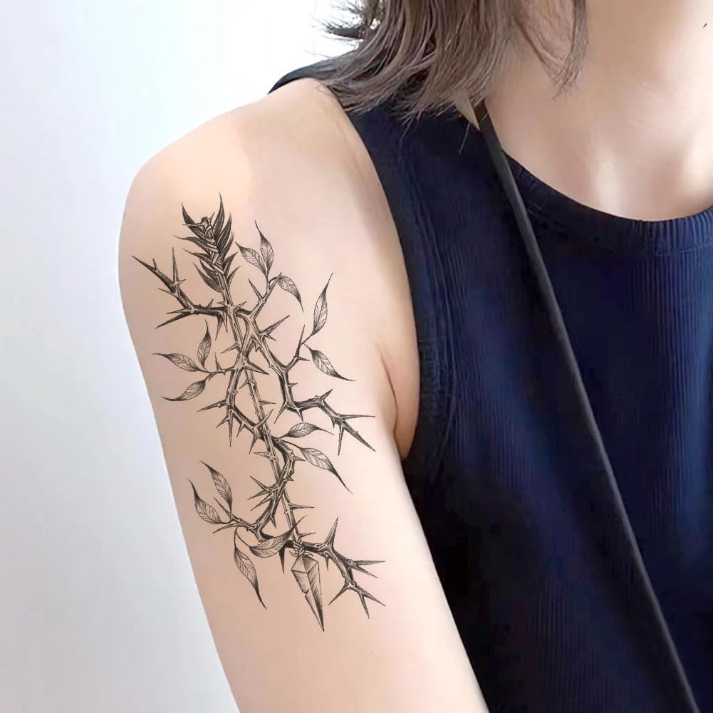 Oottati 8 Sheets Arm Waterproof Temporary Tattoos – Black Sword Thorns Flower Rose Cross