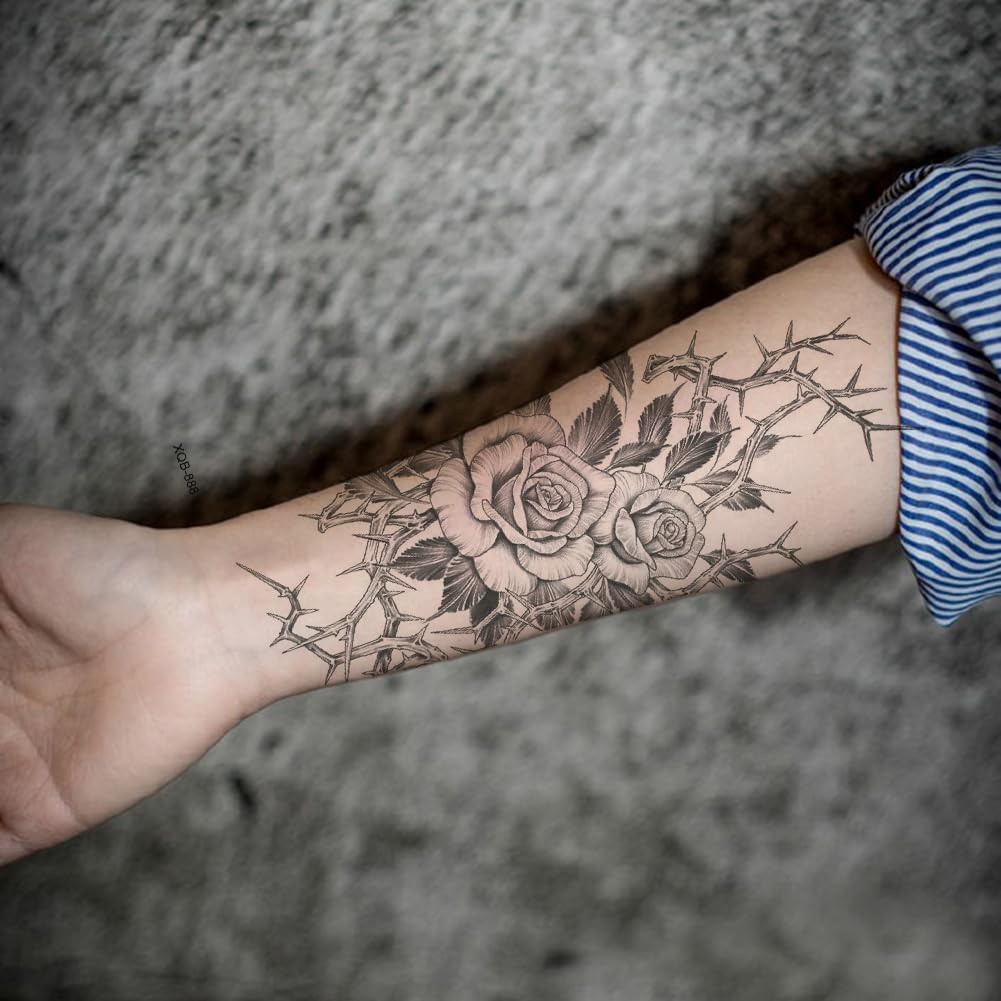 Oottati 8 Sheets Arm Waterproof Temporary Tattoos – Black Sword Thorns Flower Rose Cross