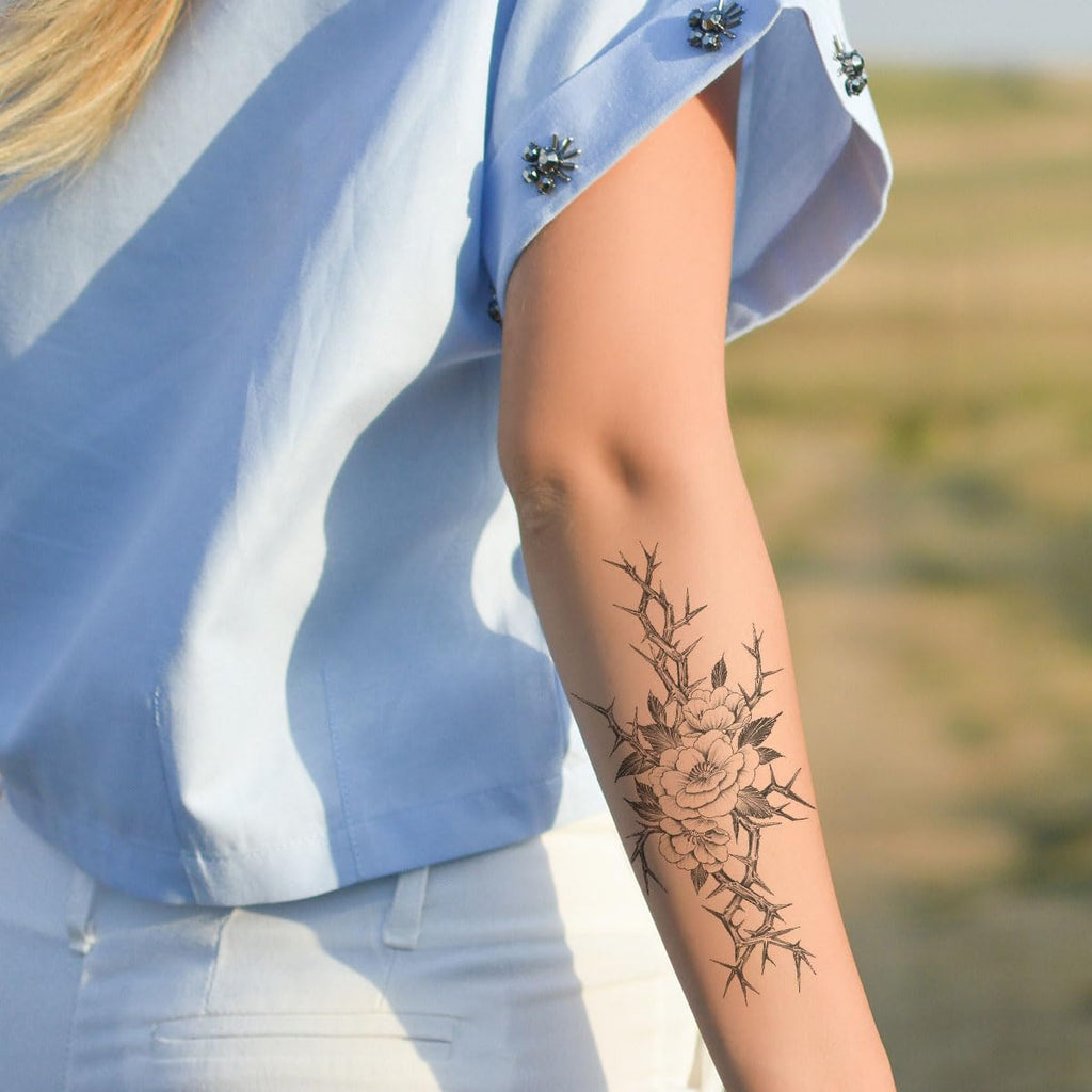 Oottati 8 Sheets Arm Waterproof Temporary Tattoos – Black Sword Thorns Flower Rose Cross