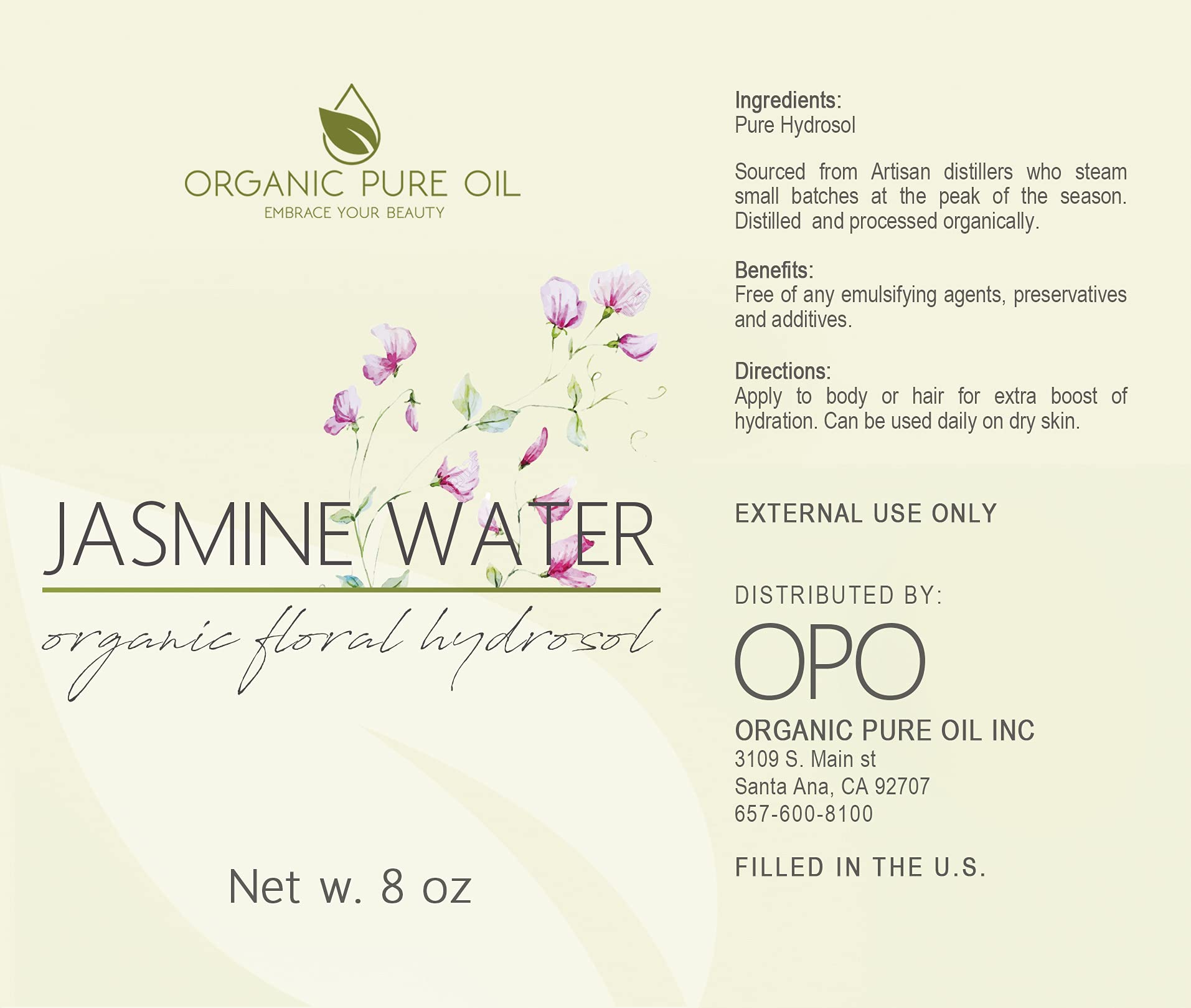 OPO Jasmine Hydrosol Face Mist – Calming Aromatherapy, Toner & Body Mist (8oz) | Organic Pure Oil