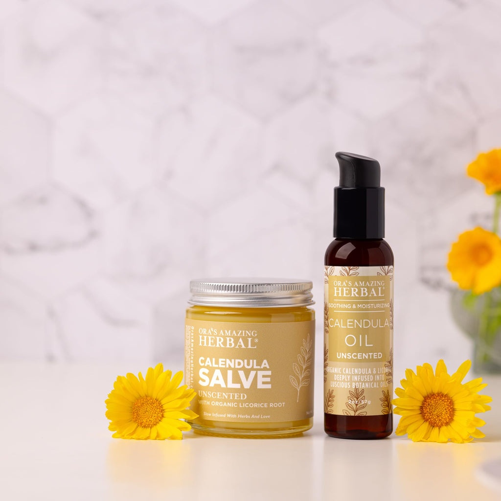 Ora's Amazing Herbal Calendula Skin Salve & Oil Set | Grapeseed Oil, Organic Licorice, Beeswax