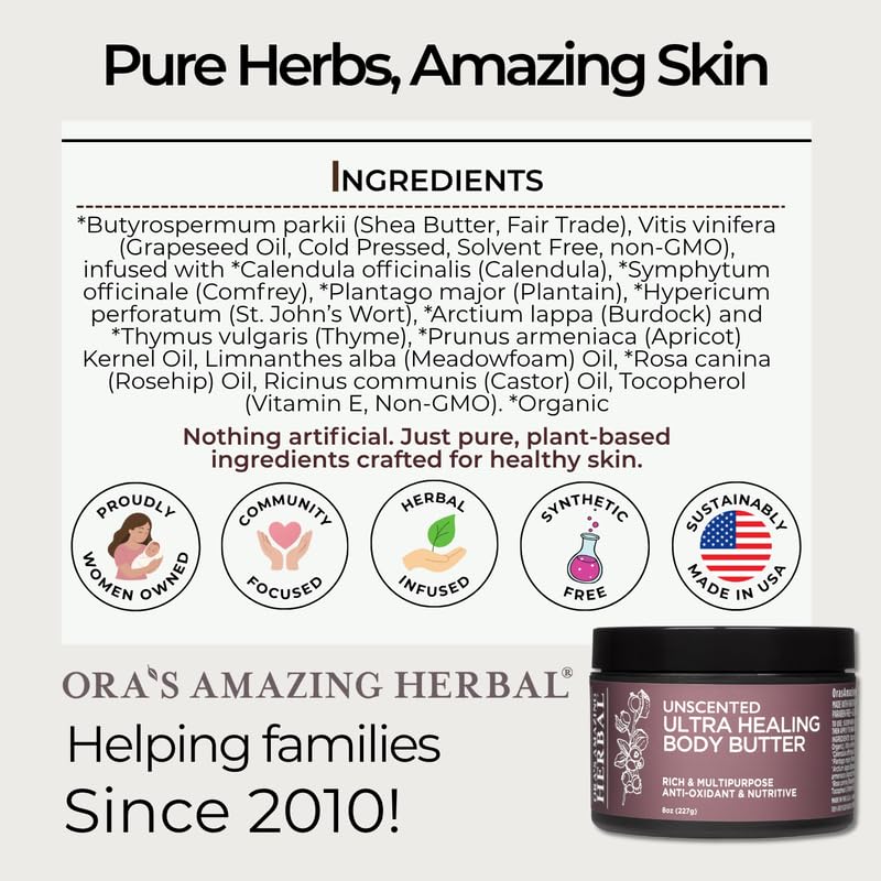 Ora's Amazing Herbal Ultra Healing Body Butter – Intensive Unscented Moisturizer (8 oz)